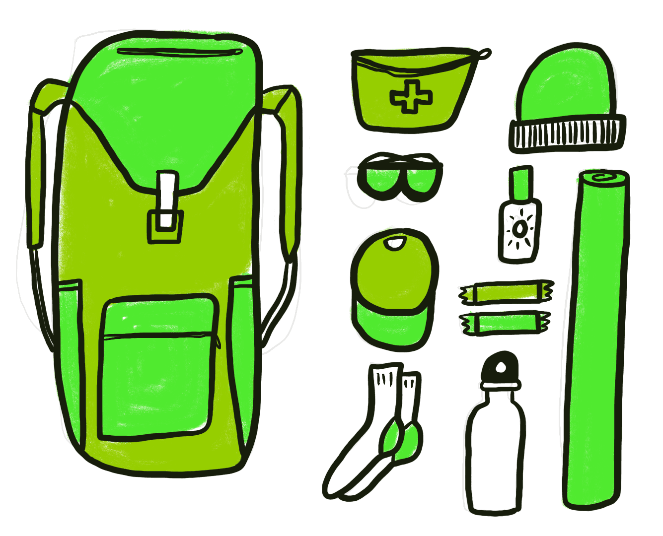 Backpack with hiking gear laid out