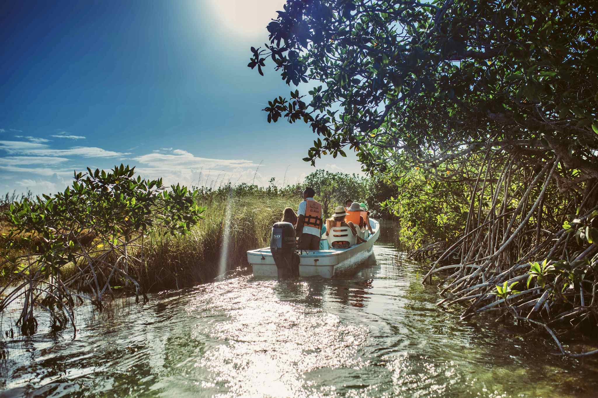 Boat ride in Sian Ka'an biosphere reserve, Mexico.