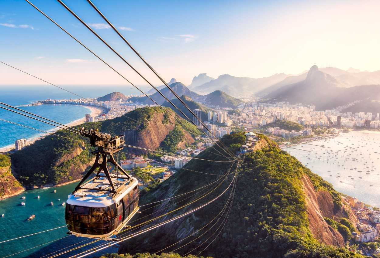 Views from Sugarloaf Mountain in Rio de Janeiro, with the cable car in the foreground