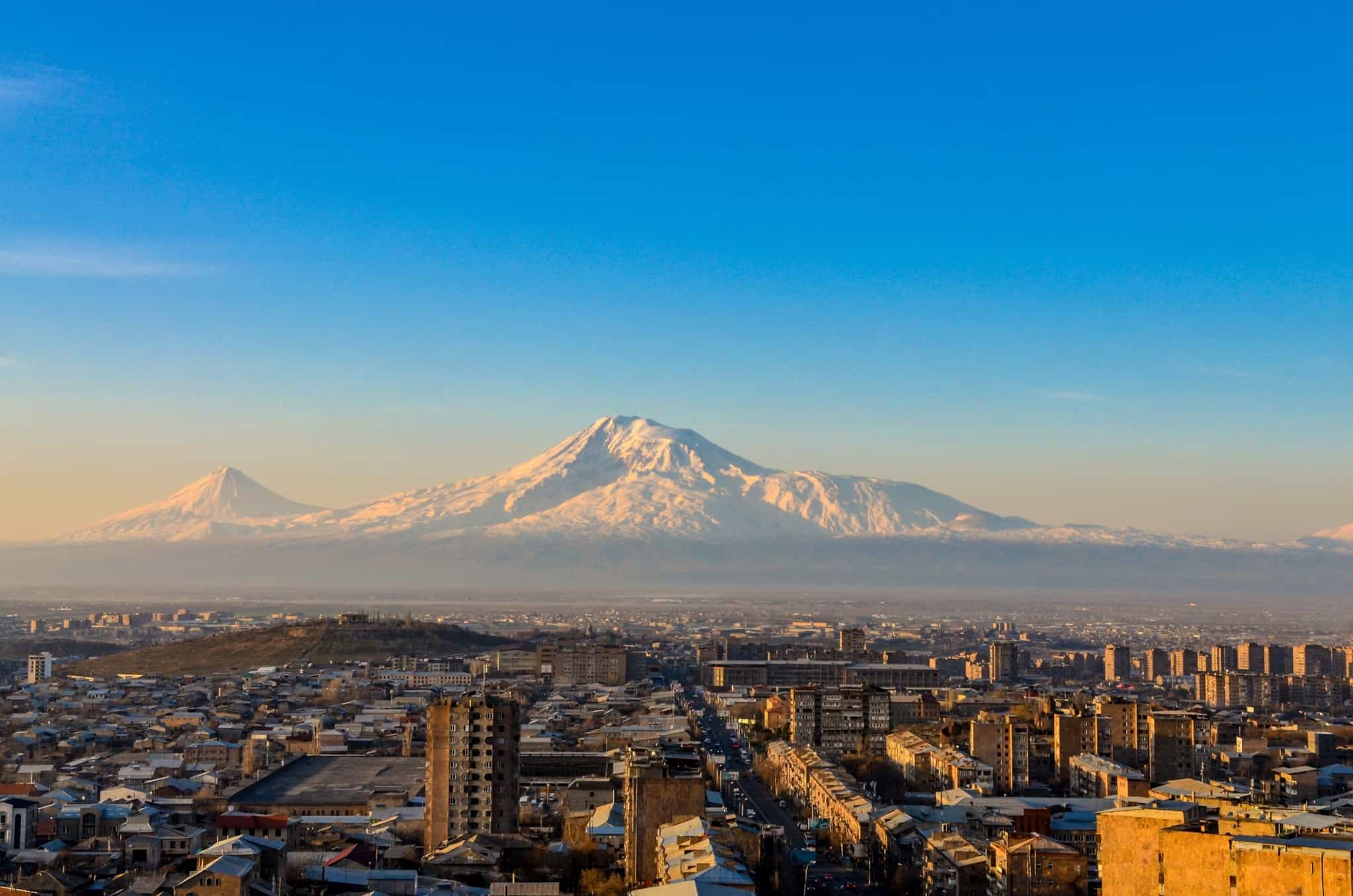 Mount Ararat looming over the city of Yerevan, Armenia.