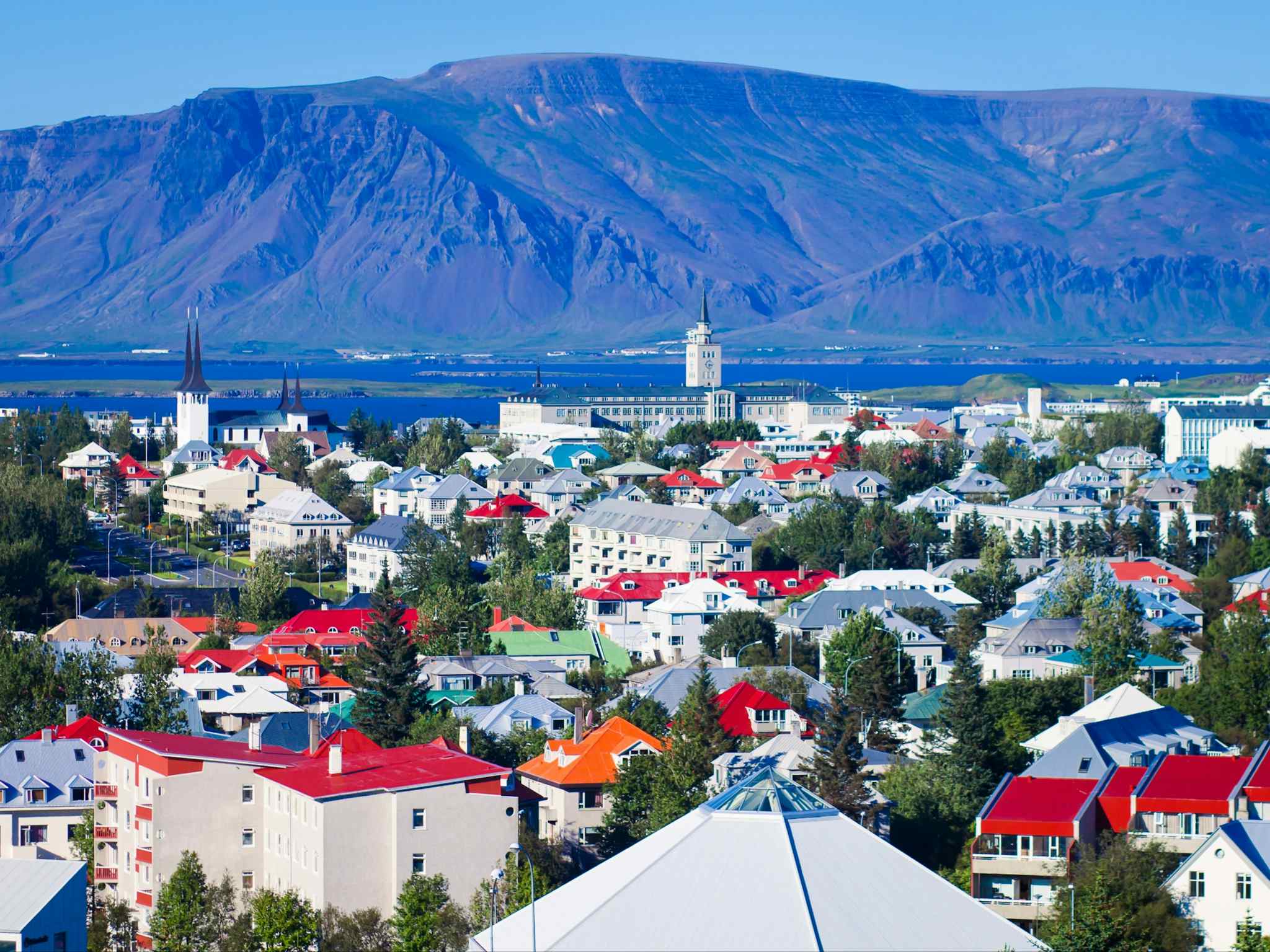 Aerial view of Reykjavik's harbour and skyline in Iceland.