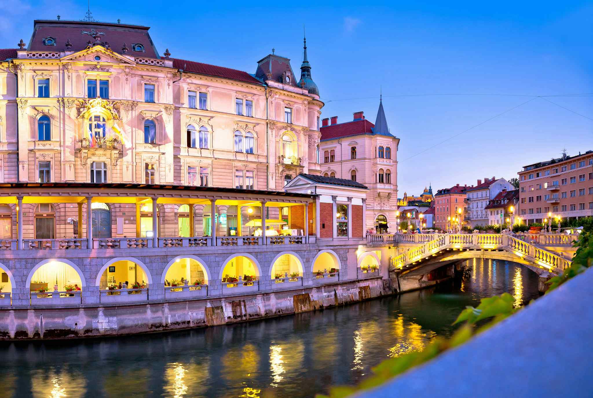 Ljubljana's riverfront architecture in the evening, Slovenia
