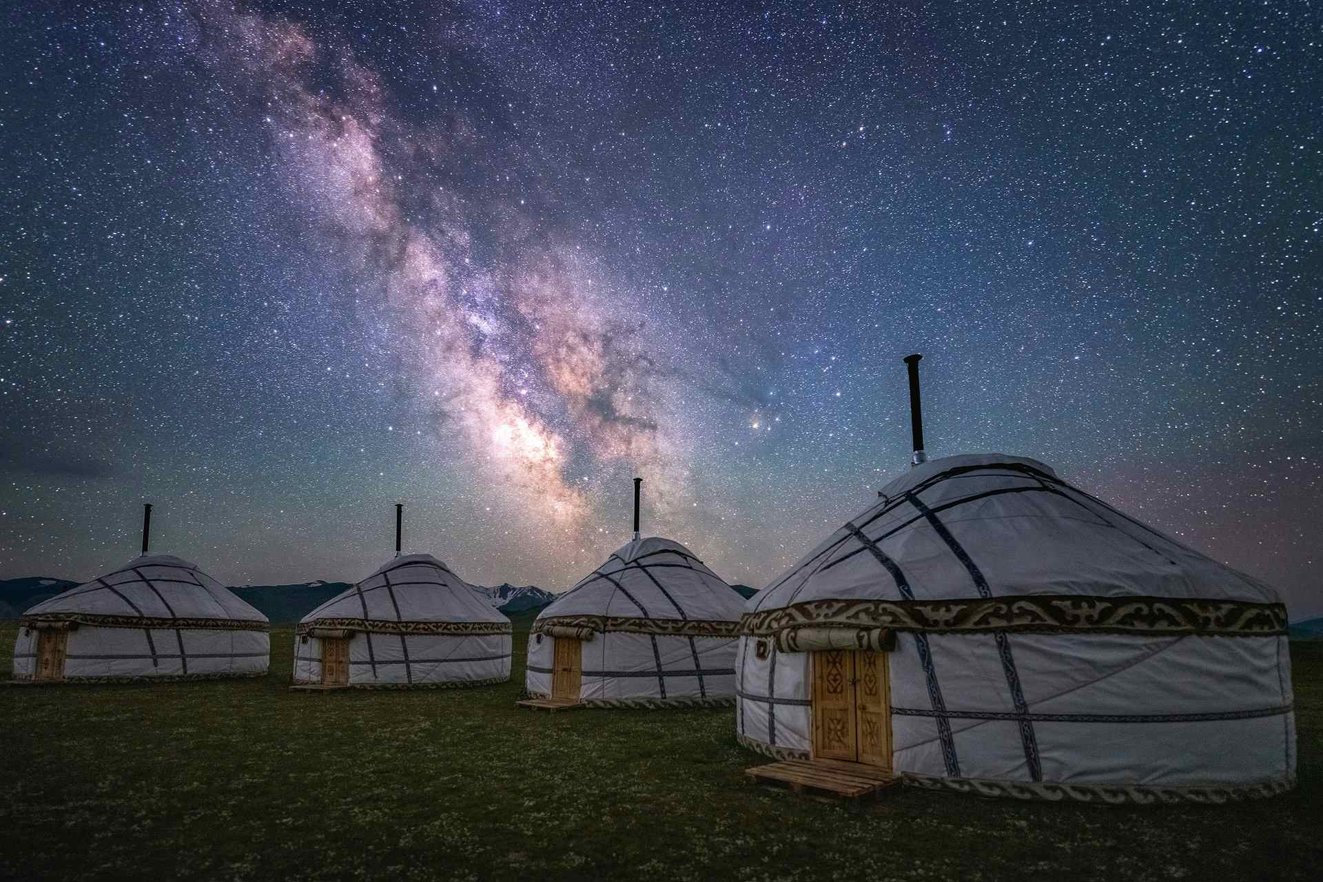 Yurts under the Milky Way and a starry sky in Kyrgyzstan. 