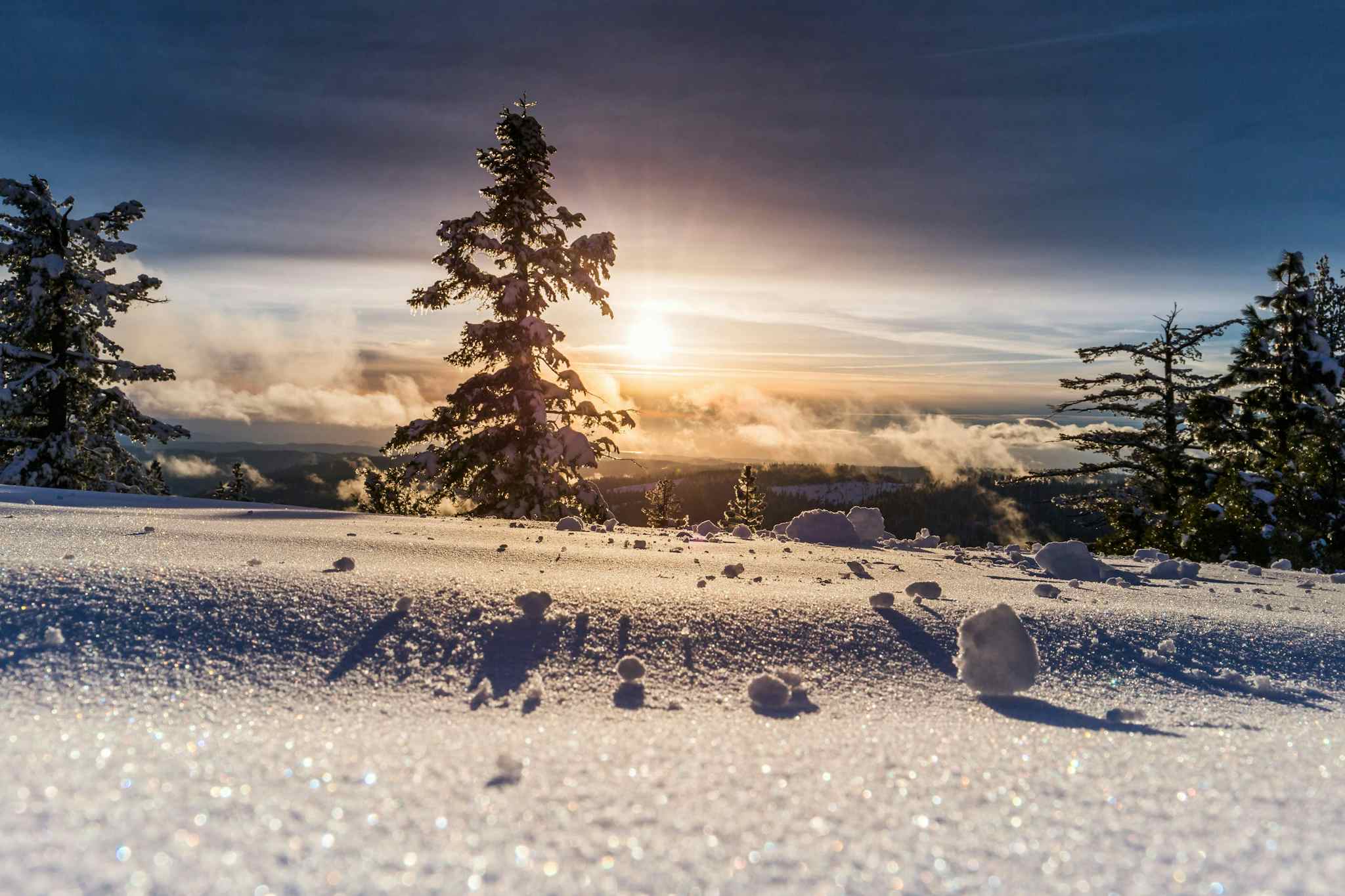 View of snow-covered ground, trees and sunset in the Dolomites in winter, Italy.