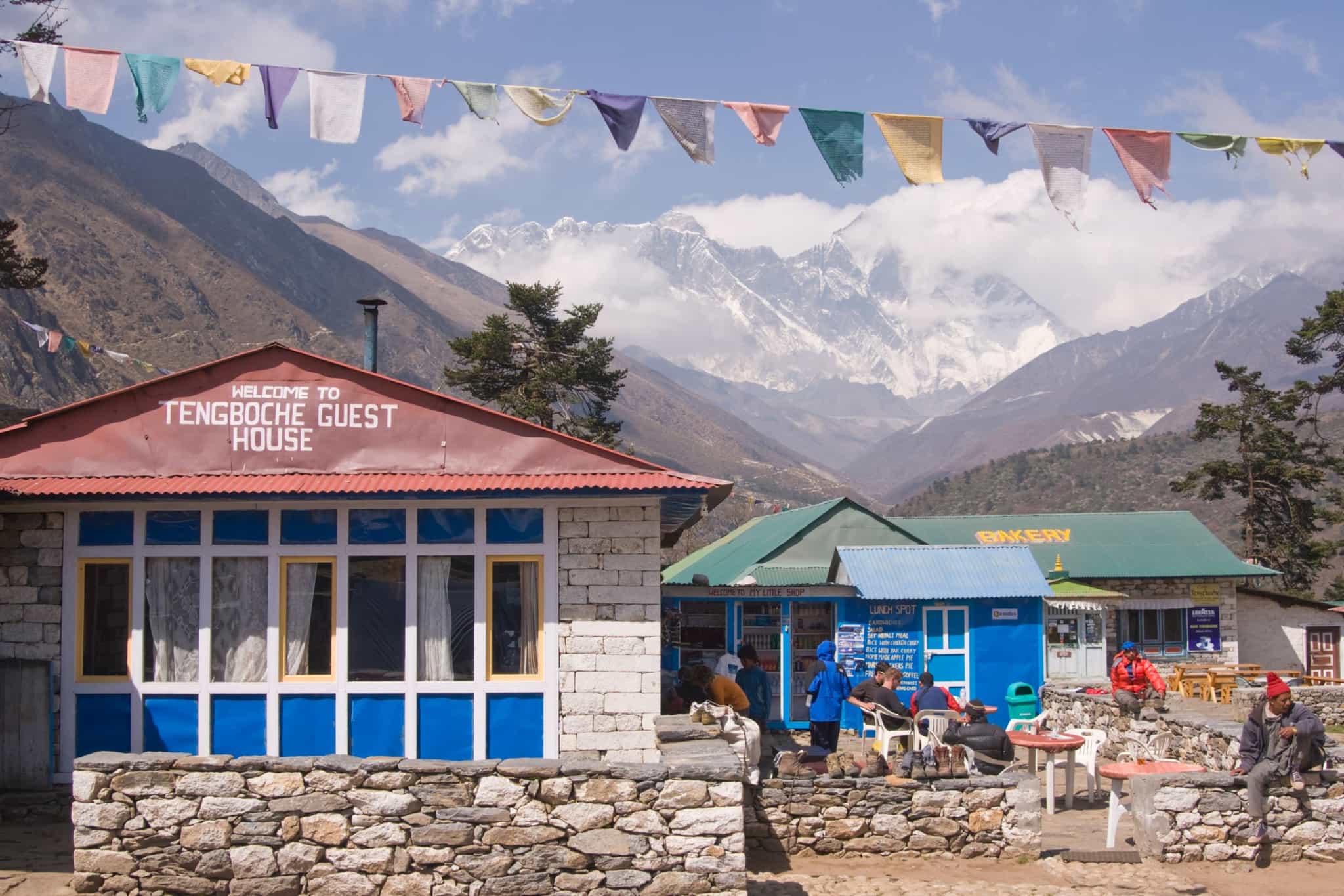 Tengboche Guesthouse in Nepal with mountain backdrop