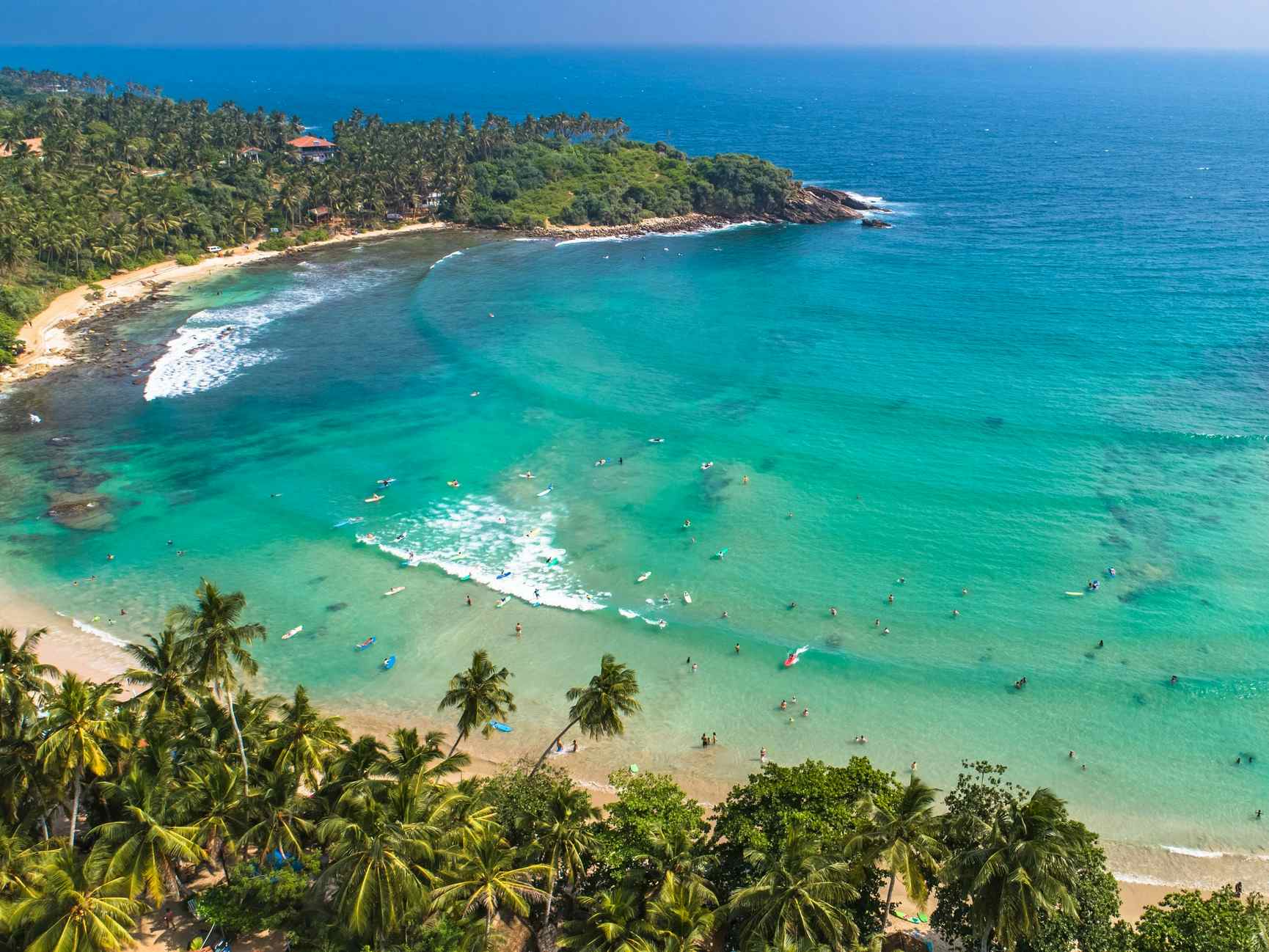 Aerial view of the surf beach at Hiriketiya, Dikwella, Sri Lanka