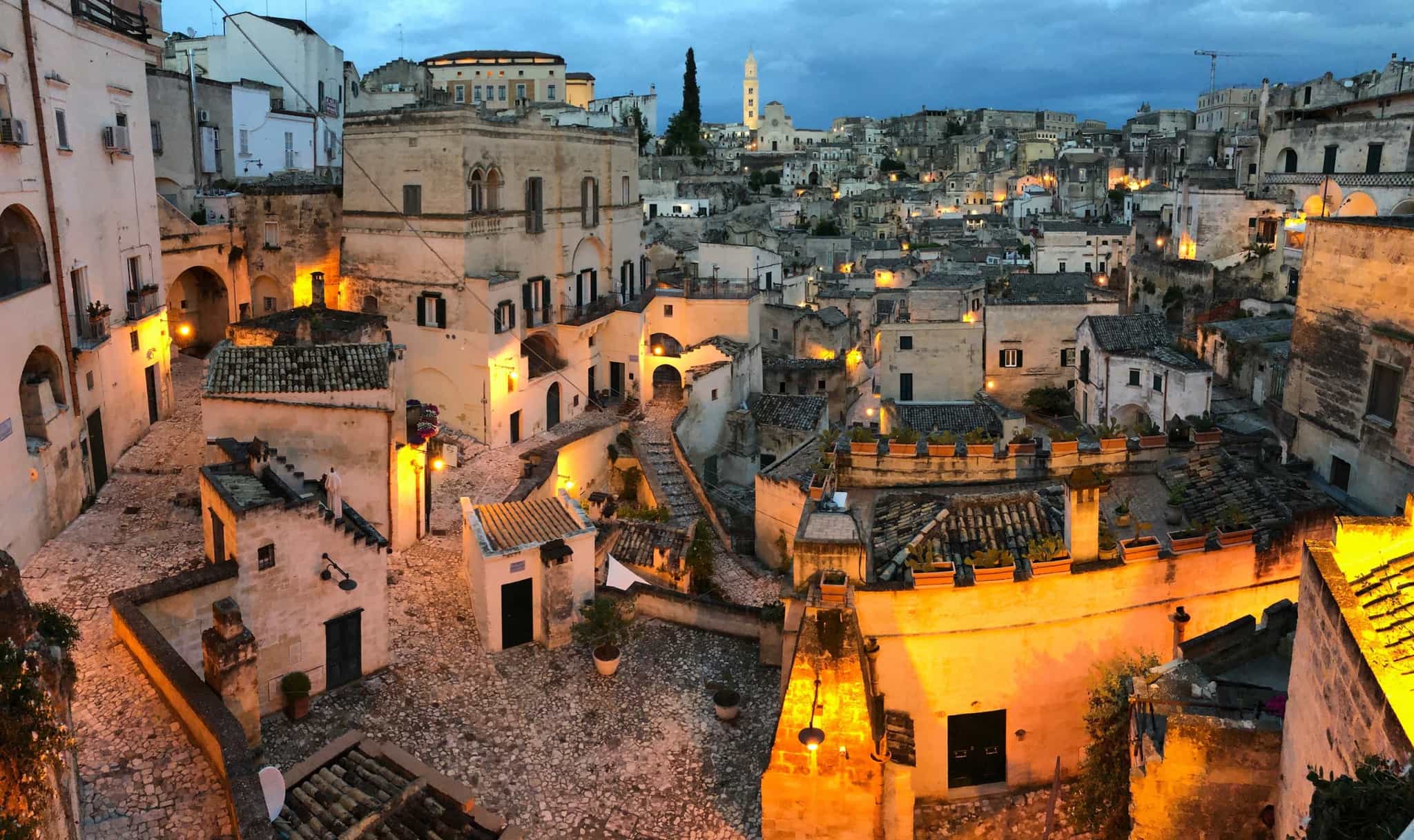 The Sassi of Matera at night in Italy.