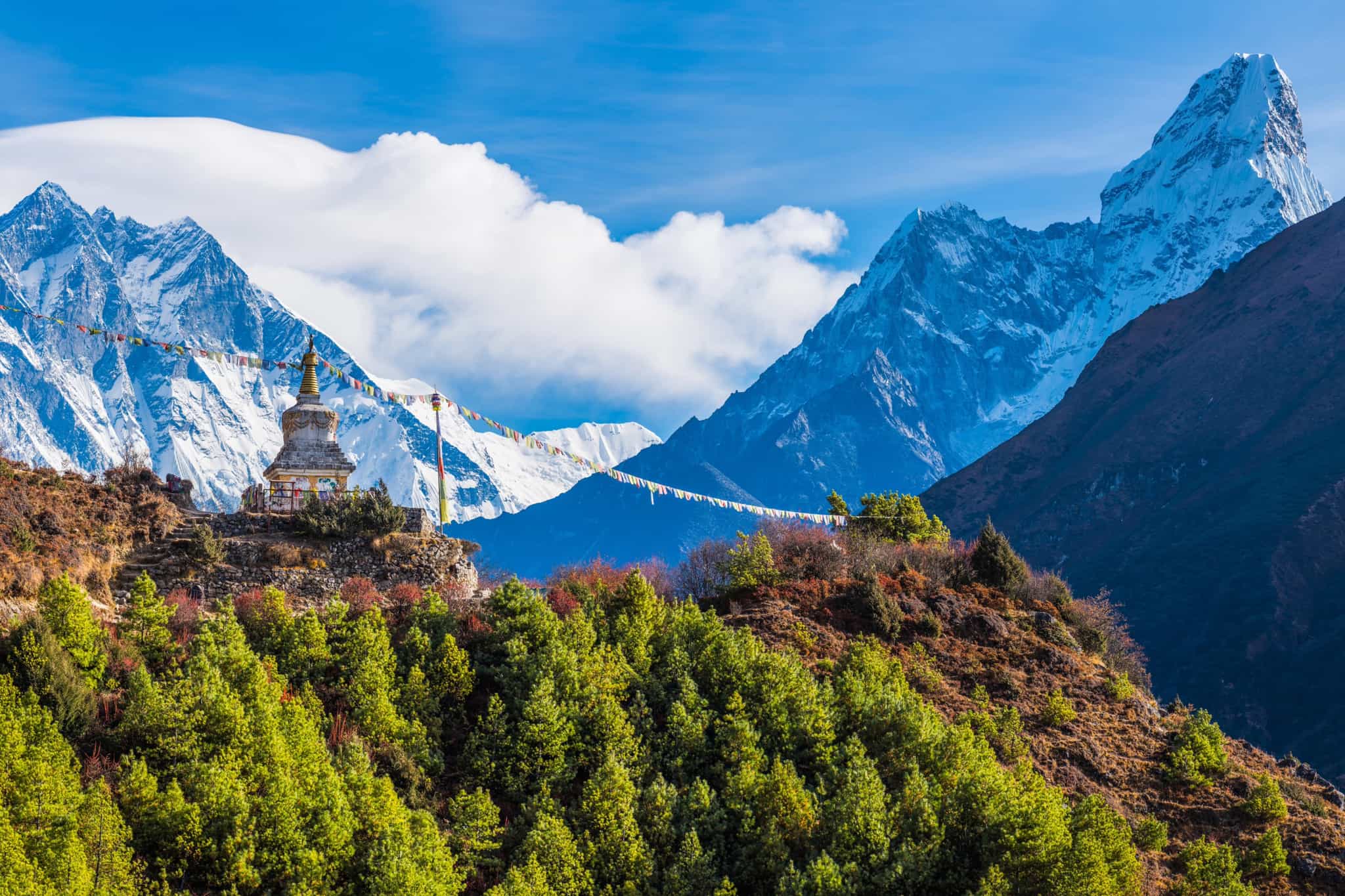 View of Ama Dablam mountain from the Everest trek trail