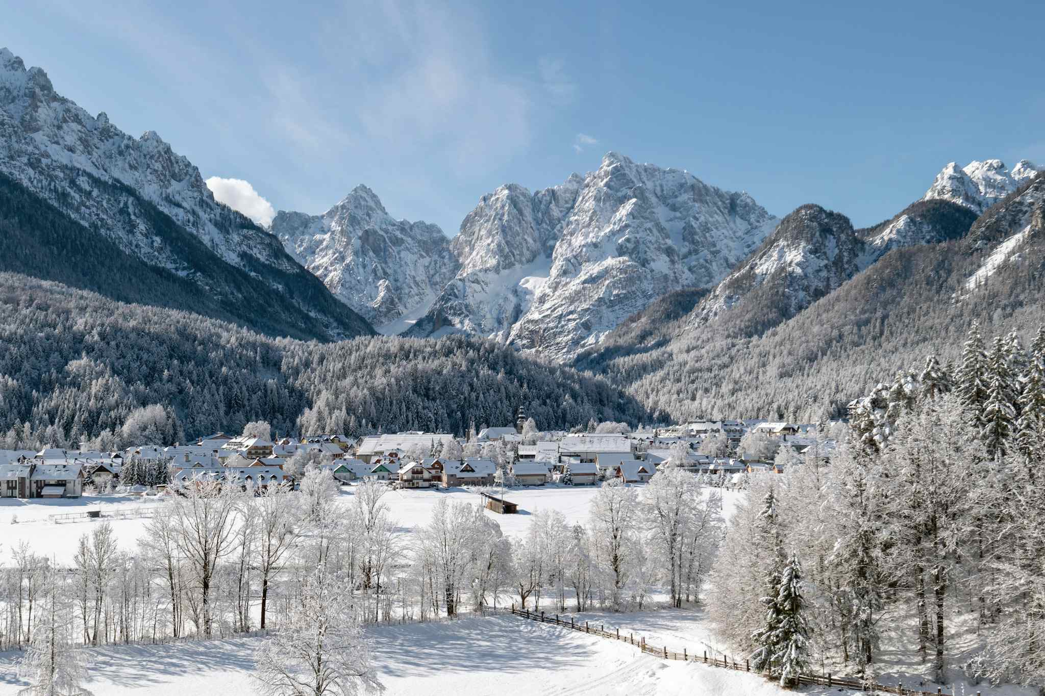 Snowy view of Kranjska Gora village in Slovenia  