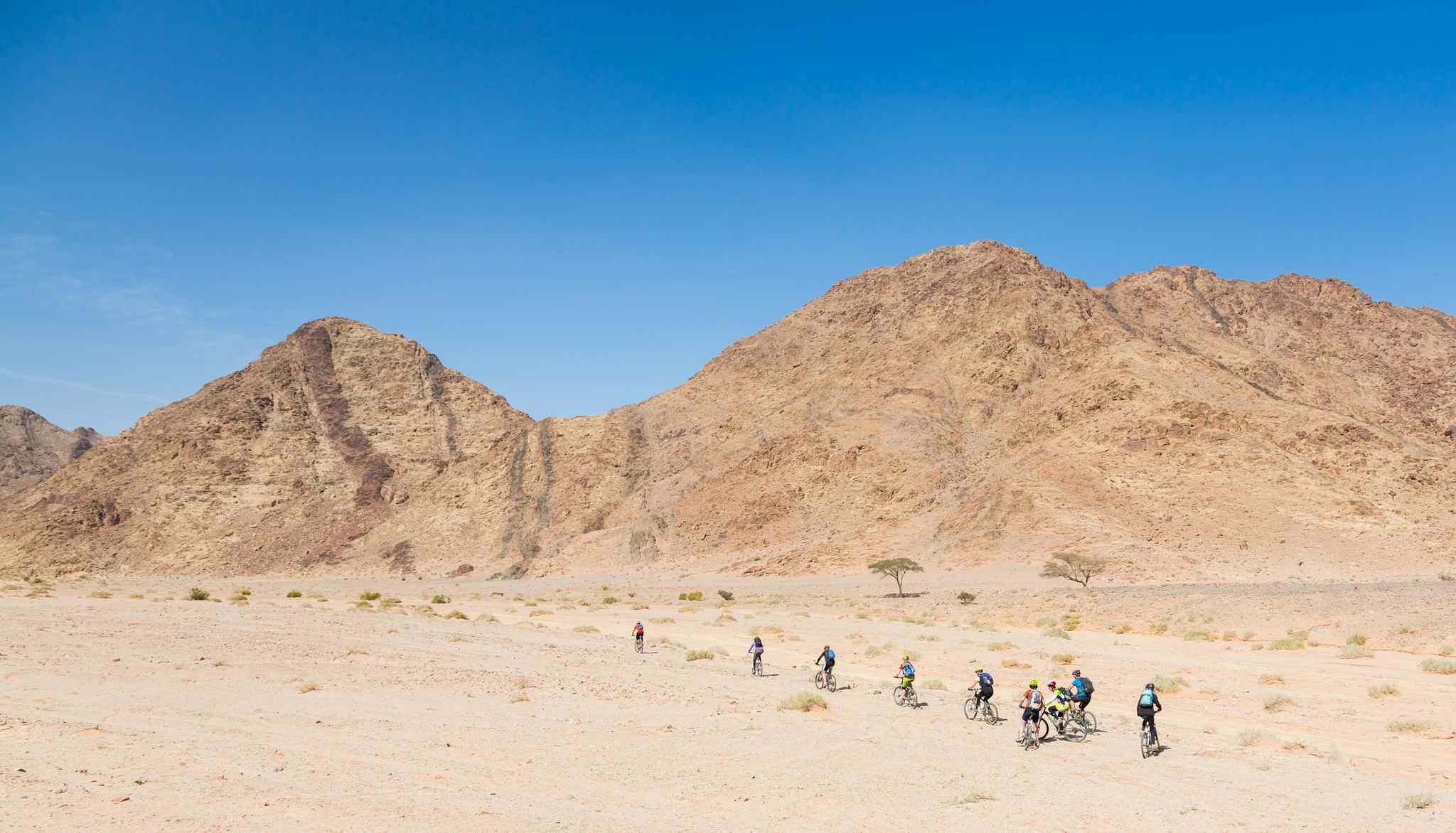  Group of mountain bikers passing a section of the Jordan Desert near Wadi Rum
