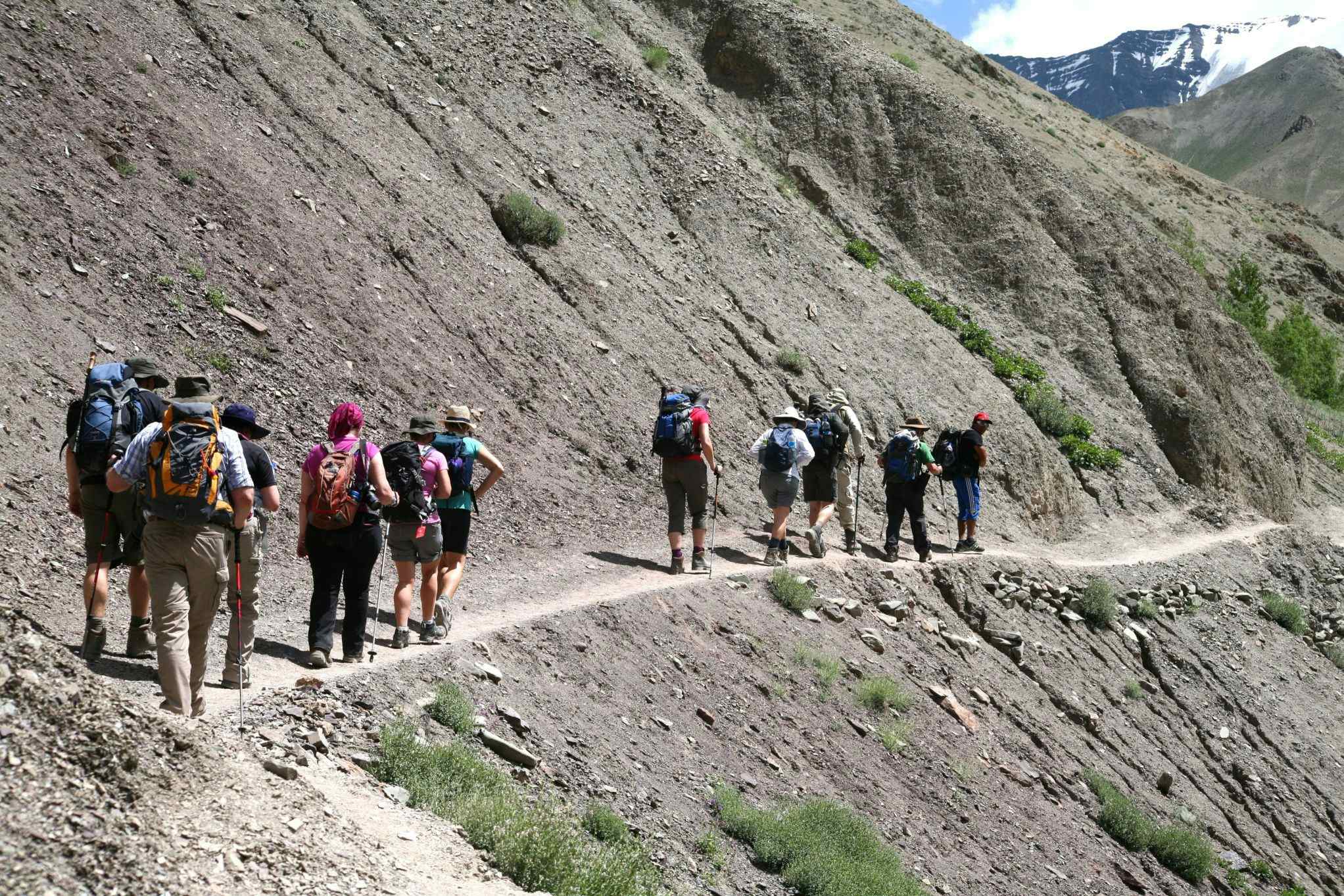 Group of hikers on a path heading towards the Markha Valley in Ladakh, India