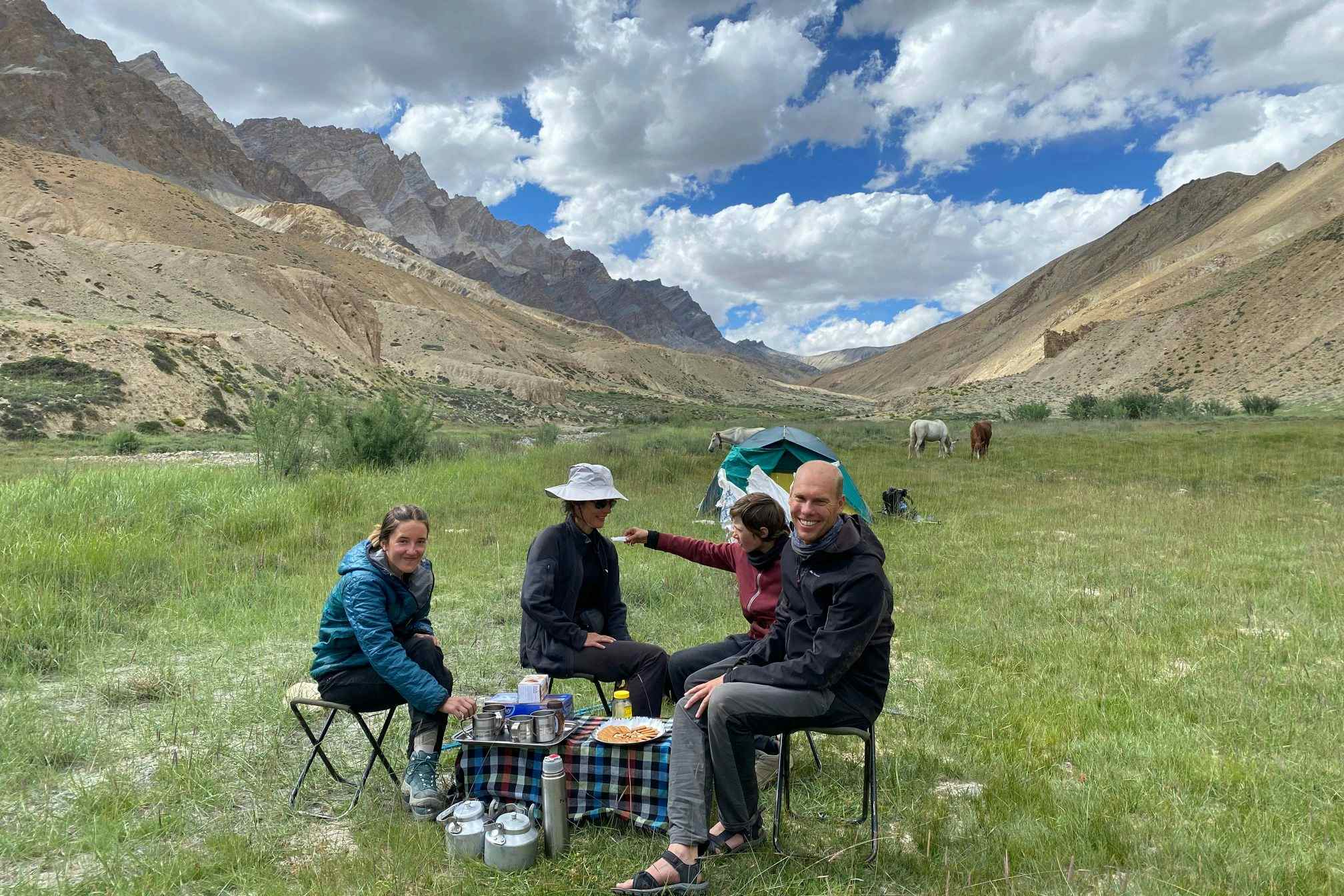 Trekkers enjoying lunch and tea during the Markha Valley trek in Ladakh, India
