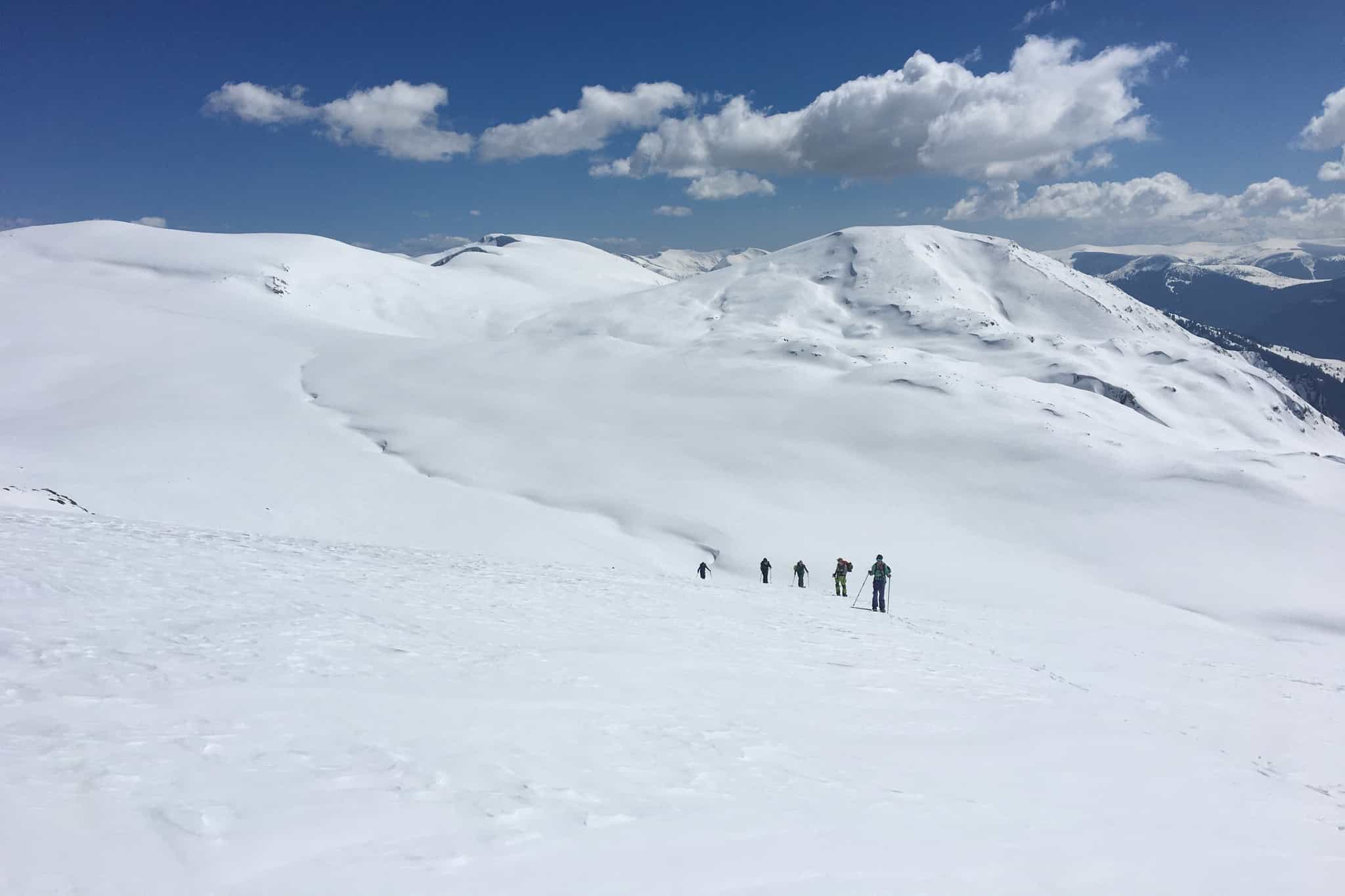 Group of five snowshoers heading across the snowy mountains