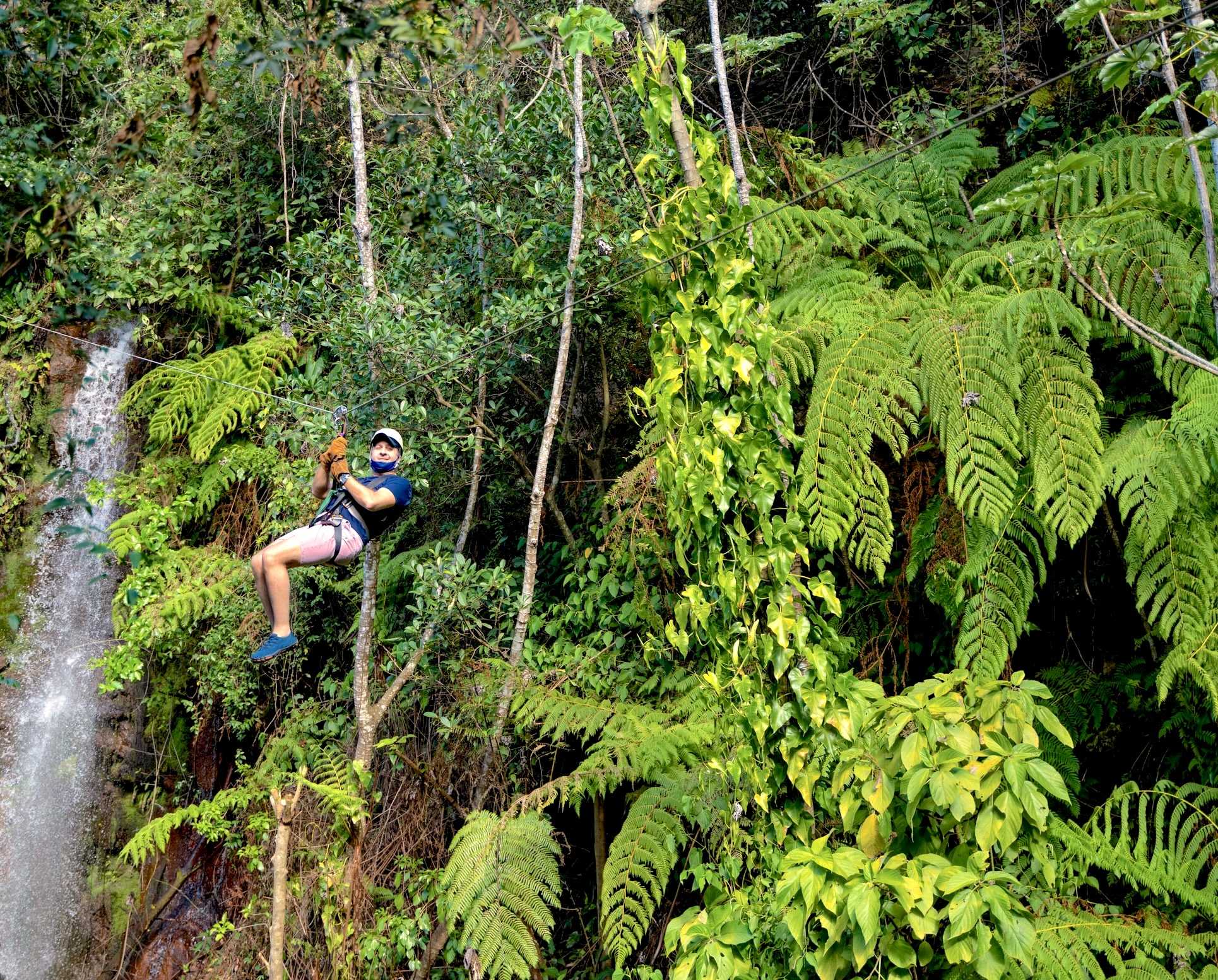 Zip line in Costa Rica against green foliage