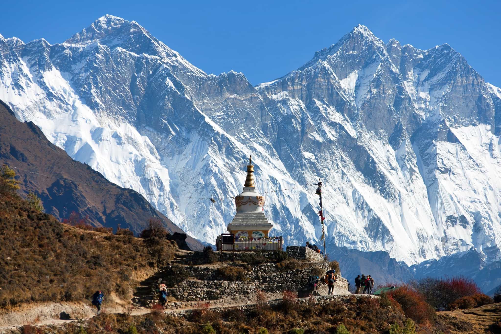 Stupa on the Everest Base Camp trek route with views of Everest behind