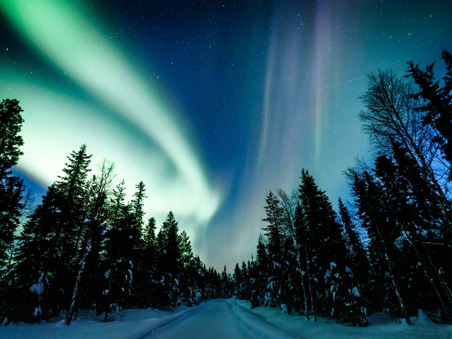 Northern lights (Aurora Borealis) over the road in winter in Finland, Lapland