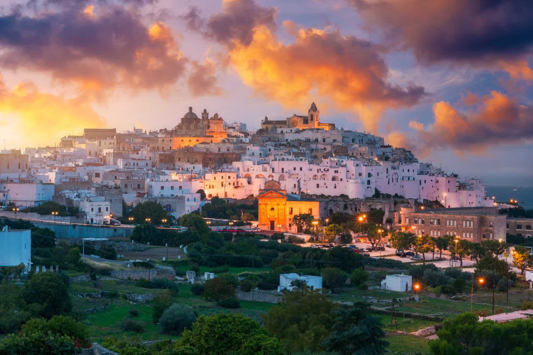 Sunset in the hilltop town of Ostuni in Puglia, Italy