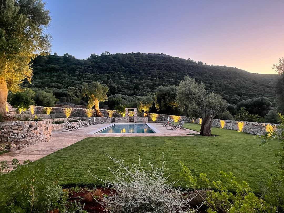 View of the pool at Masseria Morrone in Puglia, Italy