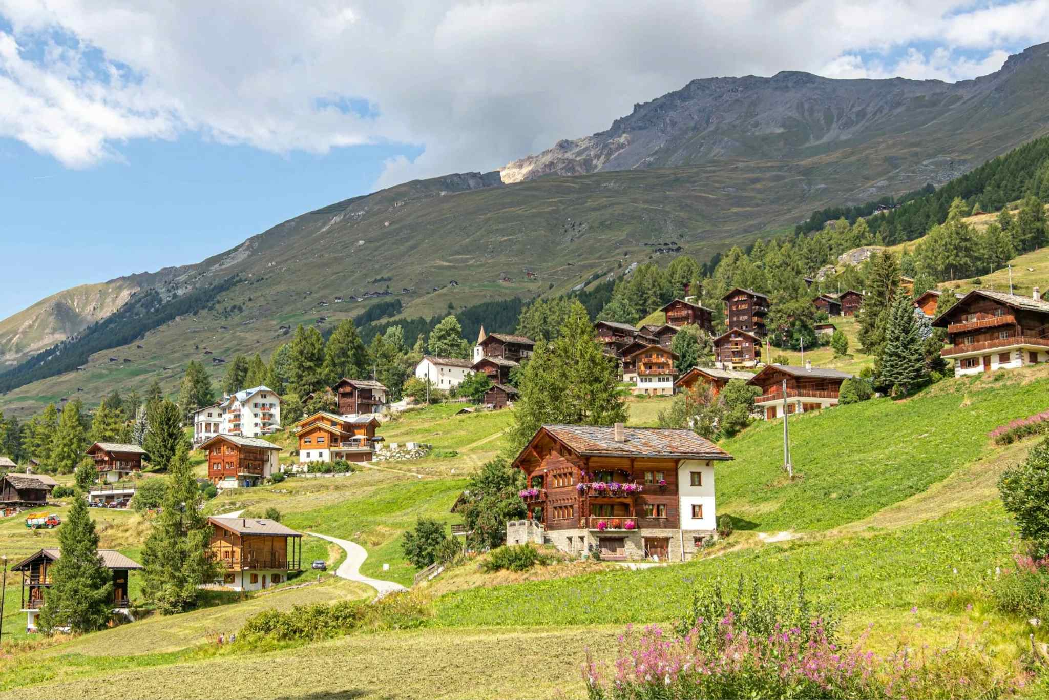 Typical Swiss farming village in the mountains.