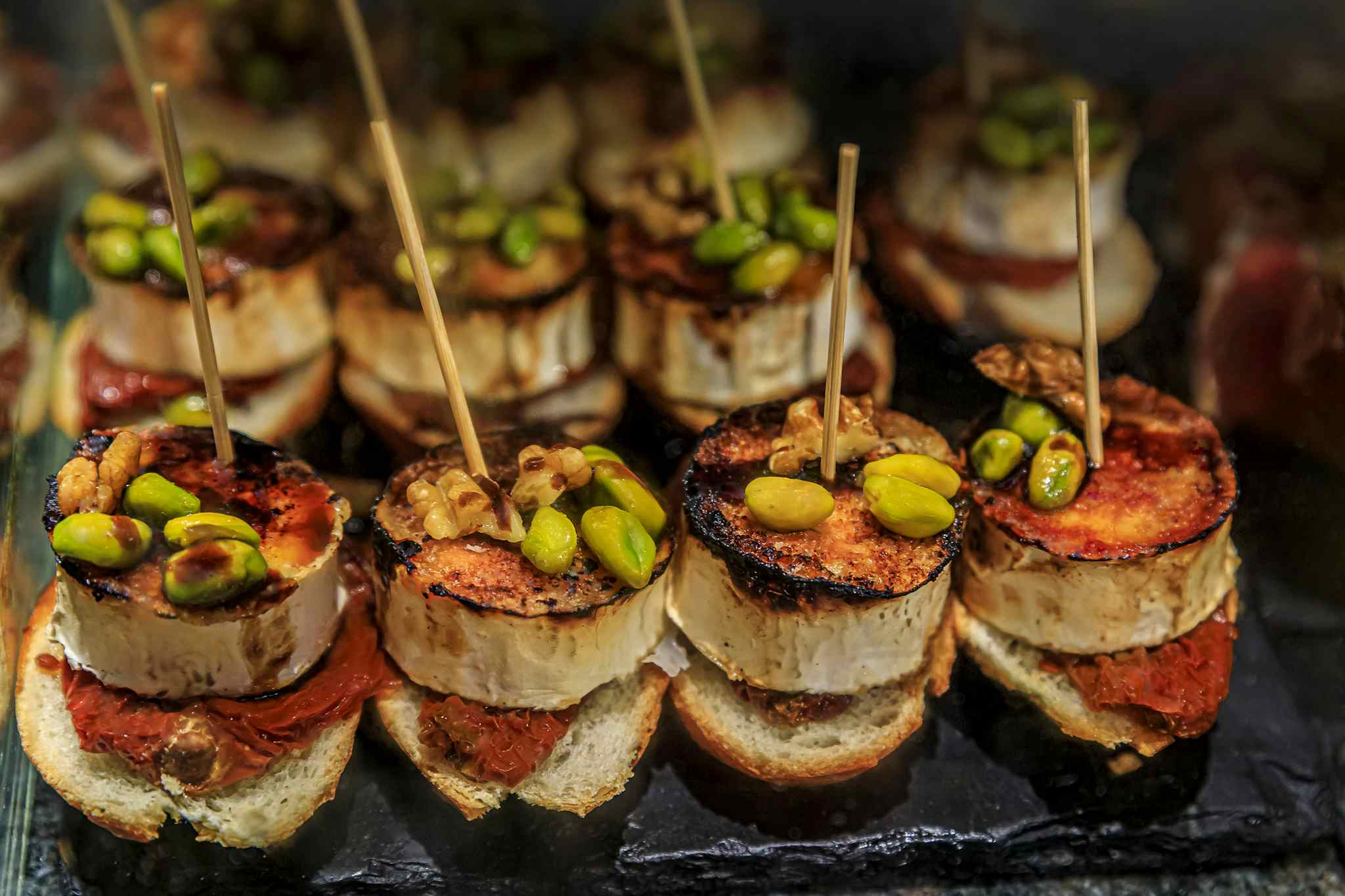 Selection of pintxos in San Sebastian, Spain. 