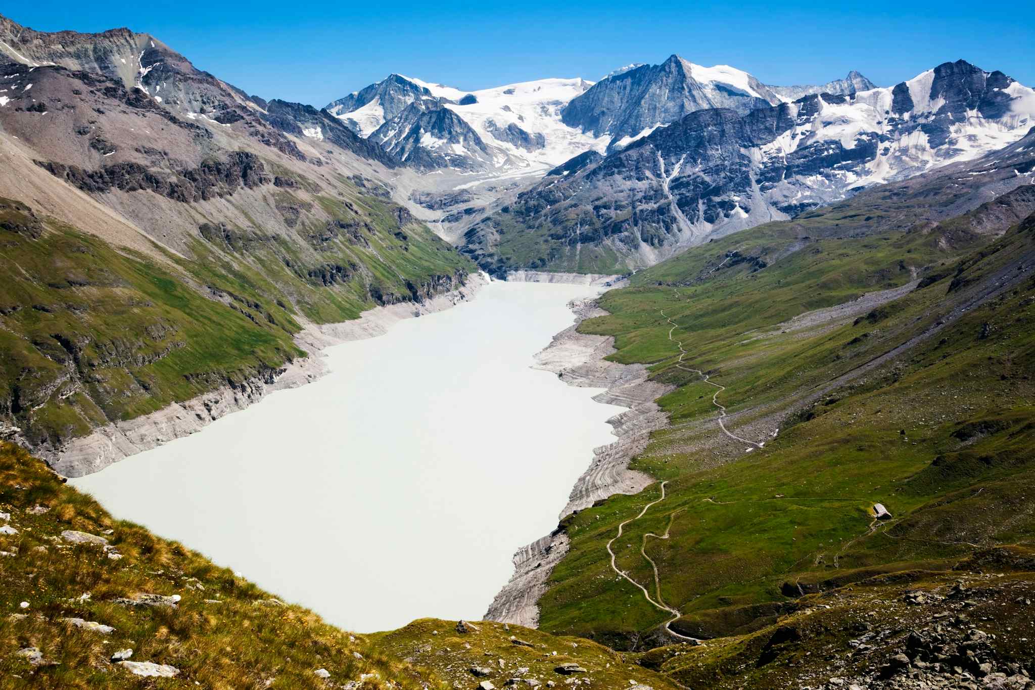 Aerial view of Lac des Dix with Mt Blanc de Chelion in the background