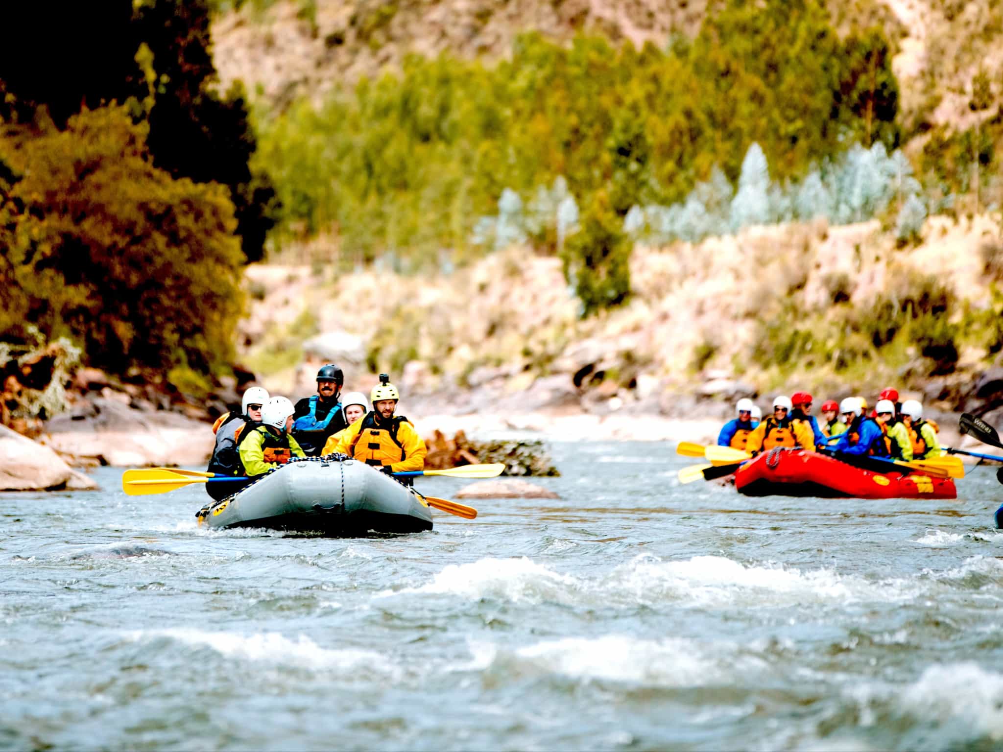 two rafts floating down the river Vilcanota in Peru