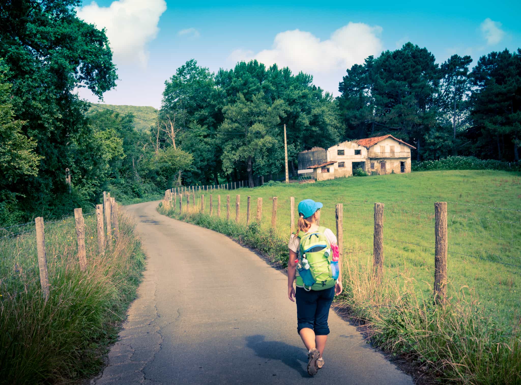 Hiker on the Camino de Santiago, Sapin. 