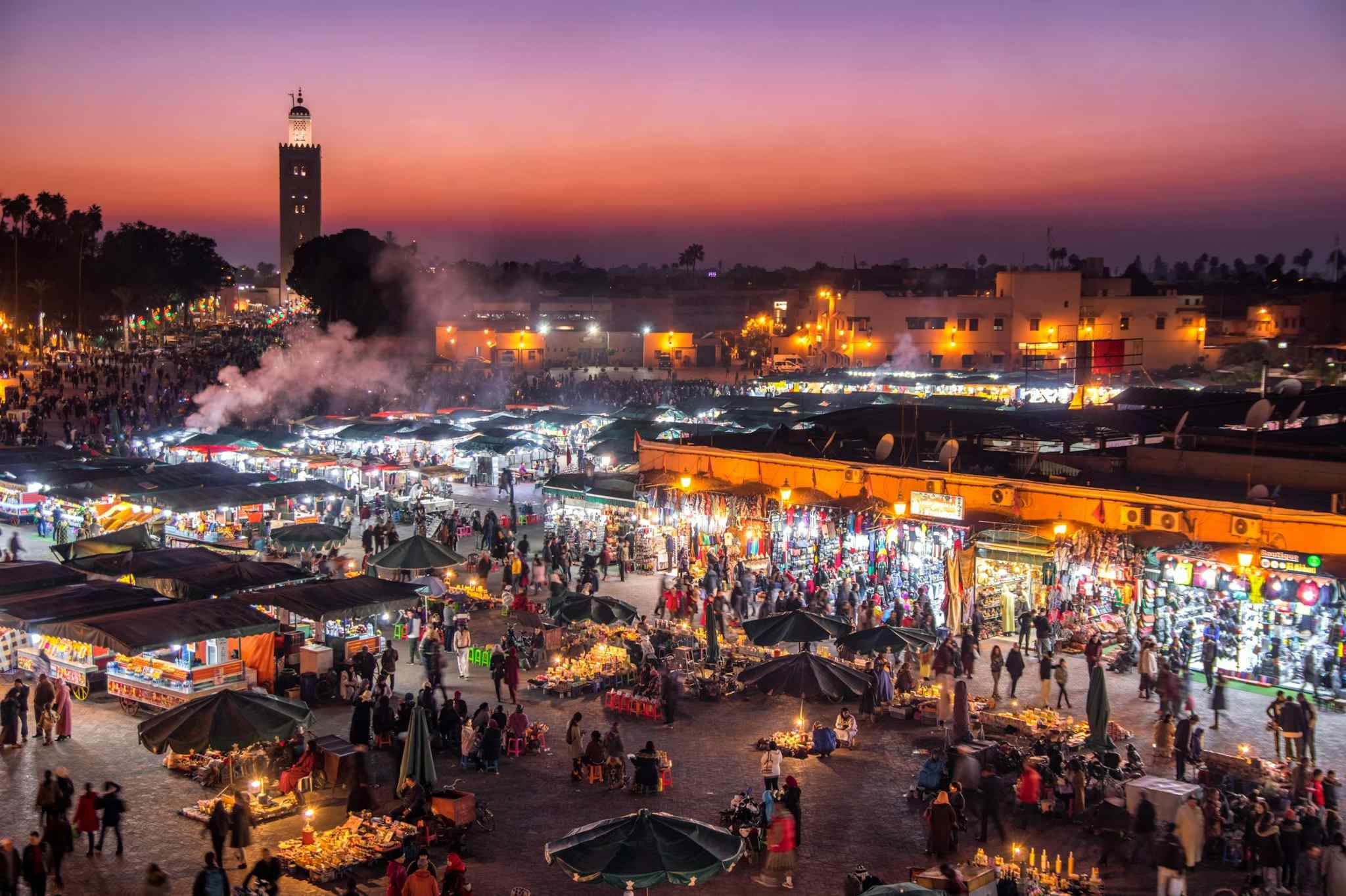 Night time scene of Jemaa el Fnaa main square in Marrakech