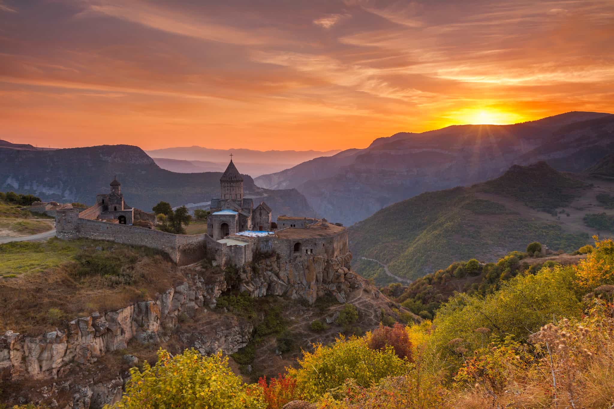 Tatev Monastery in Armenia at sunset.