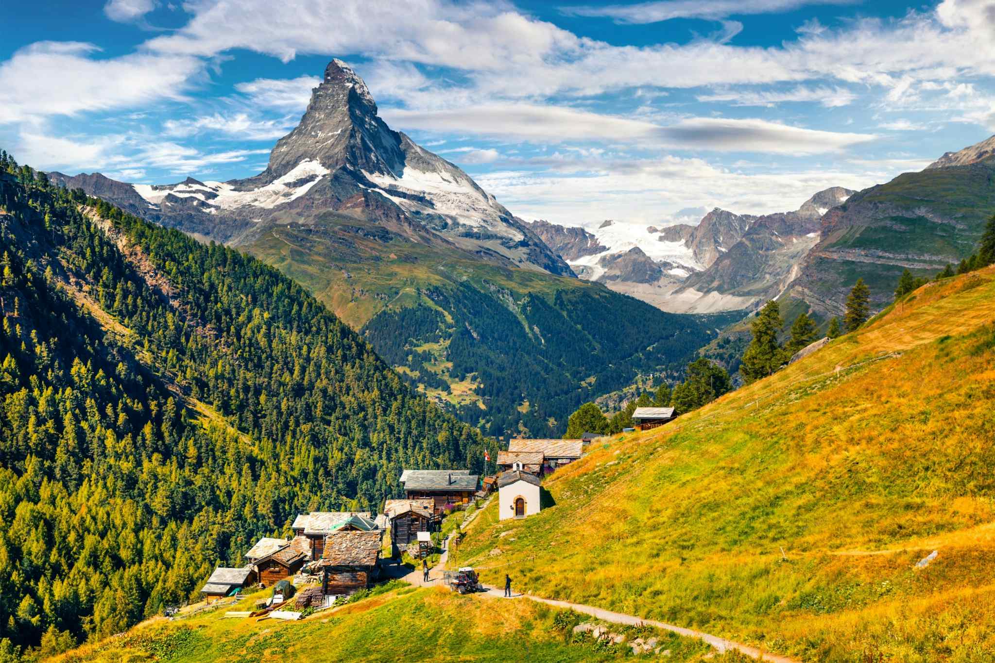 View of the Matterhorn from a swiss alpine village