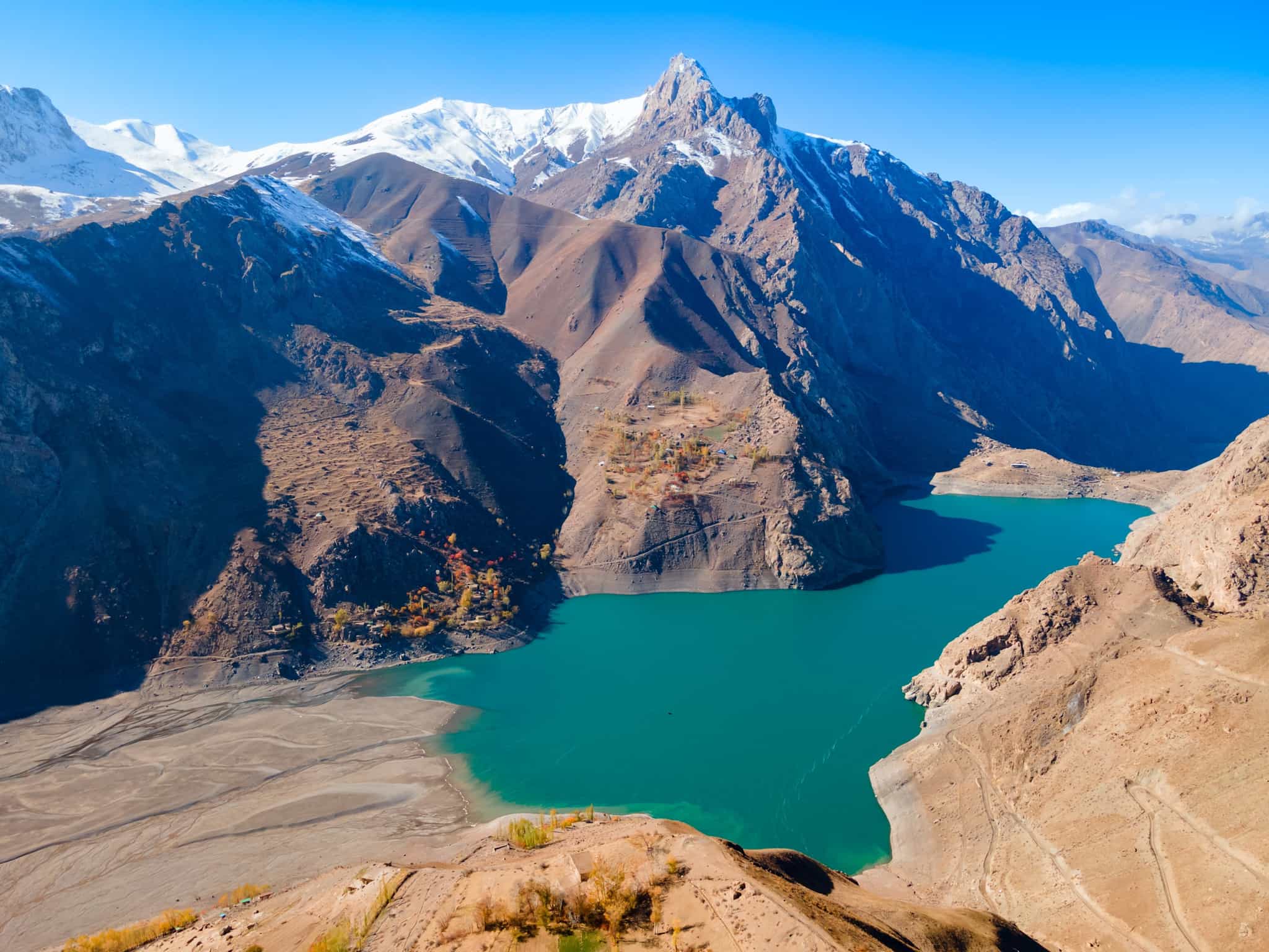 Aerial view of the seven lakes of the Fann Mountains