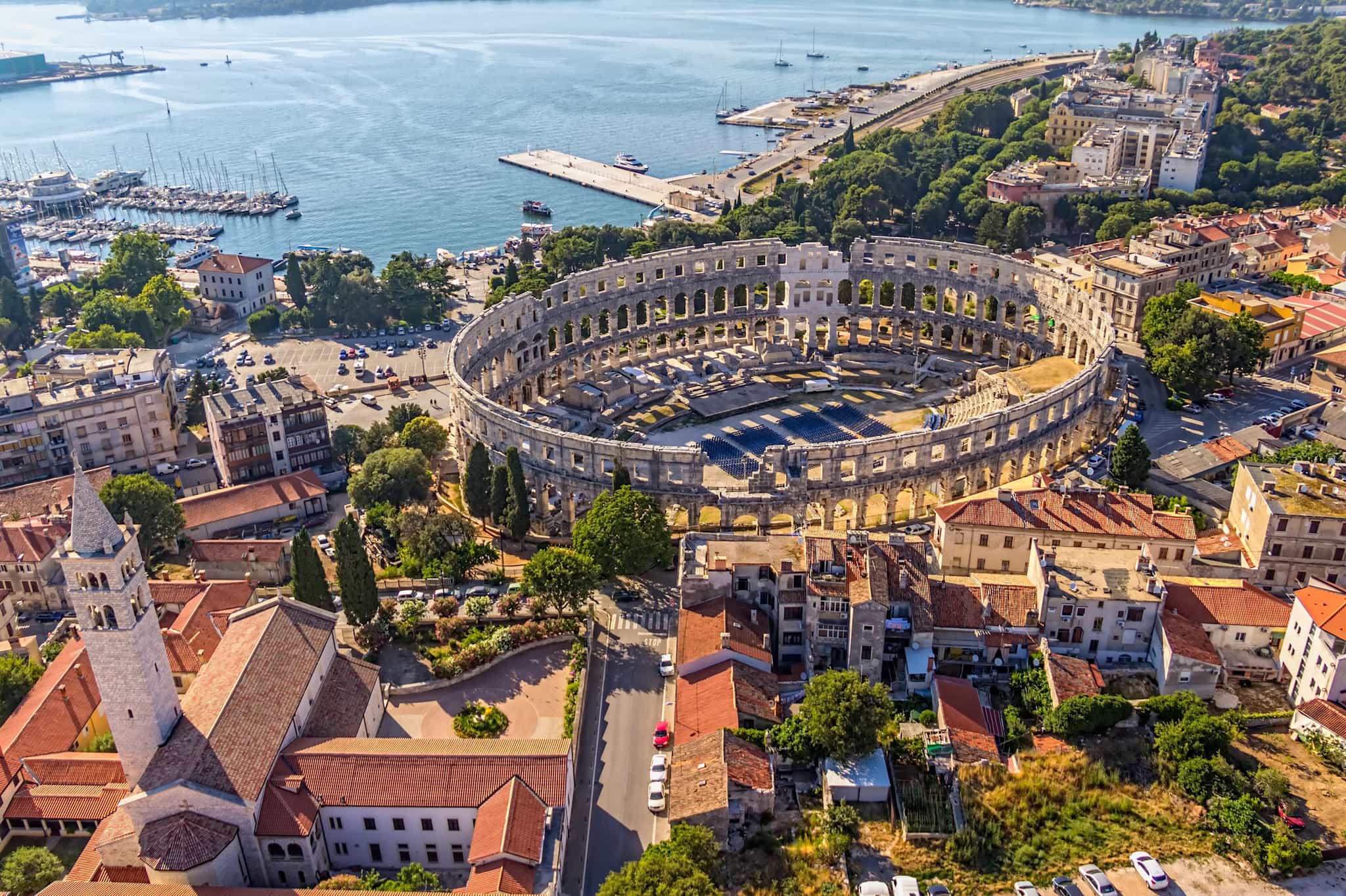 Aerial view of the roman amphitheatre in Pula, Istria