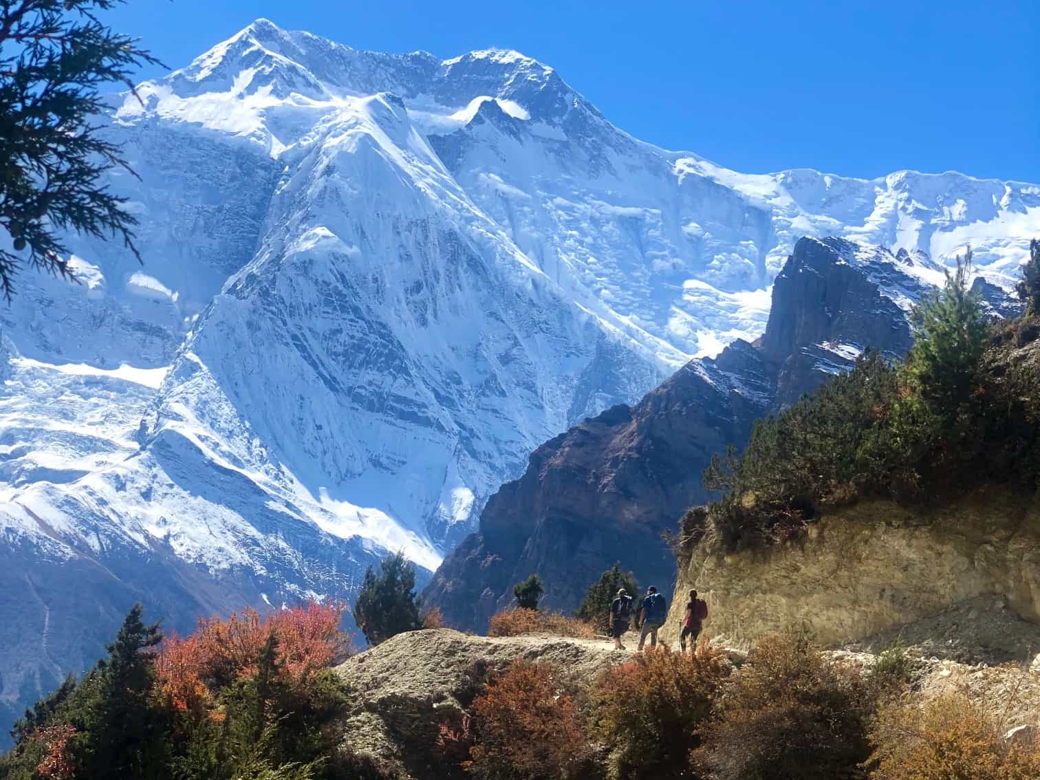 Hikers on the Annapurna Circuit trail, Nepal.