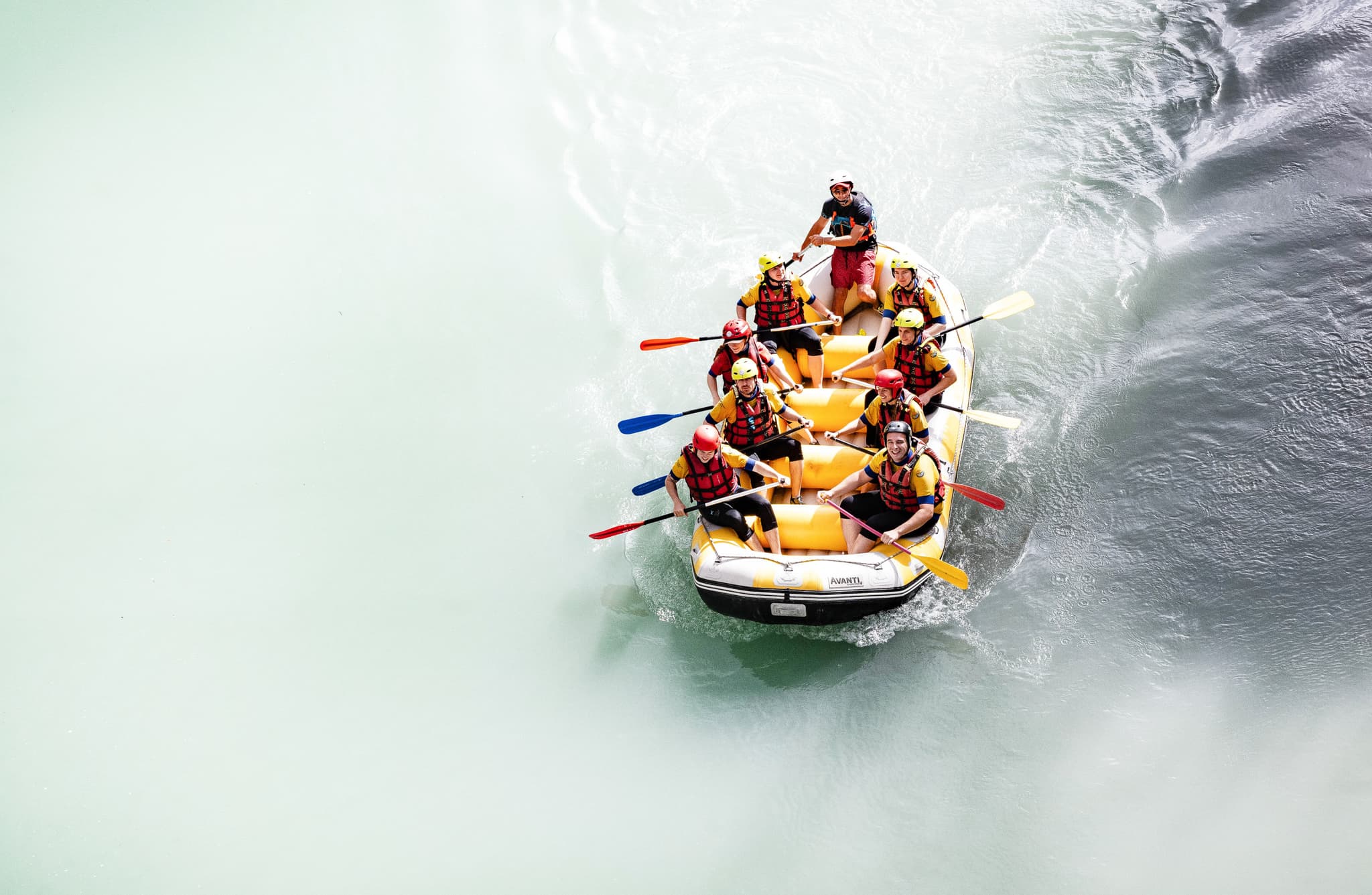 Aerial view of a raft on the Vjosa River in Albania.