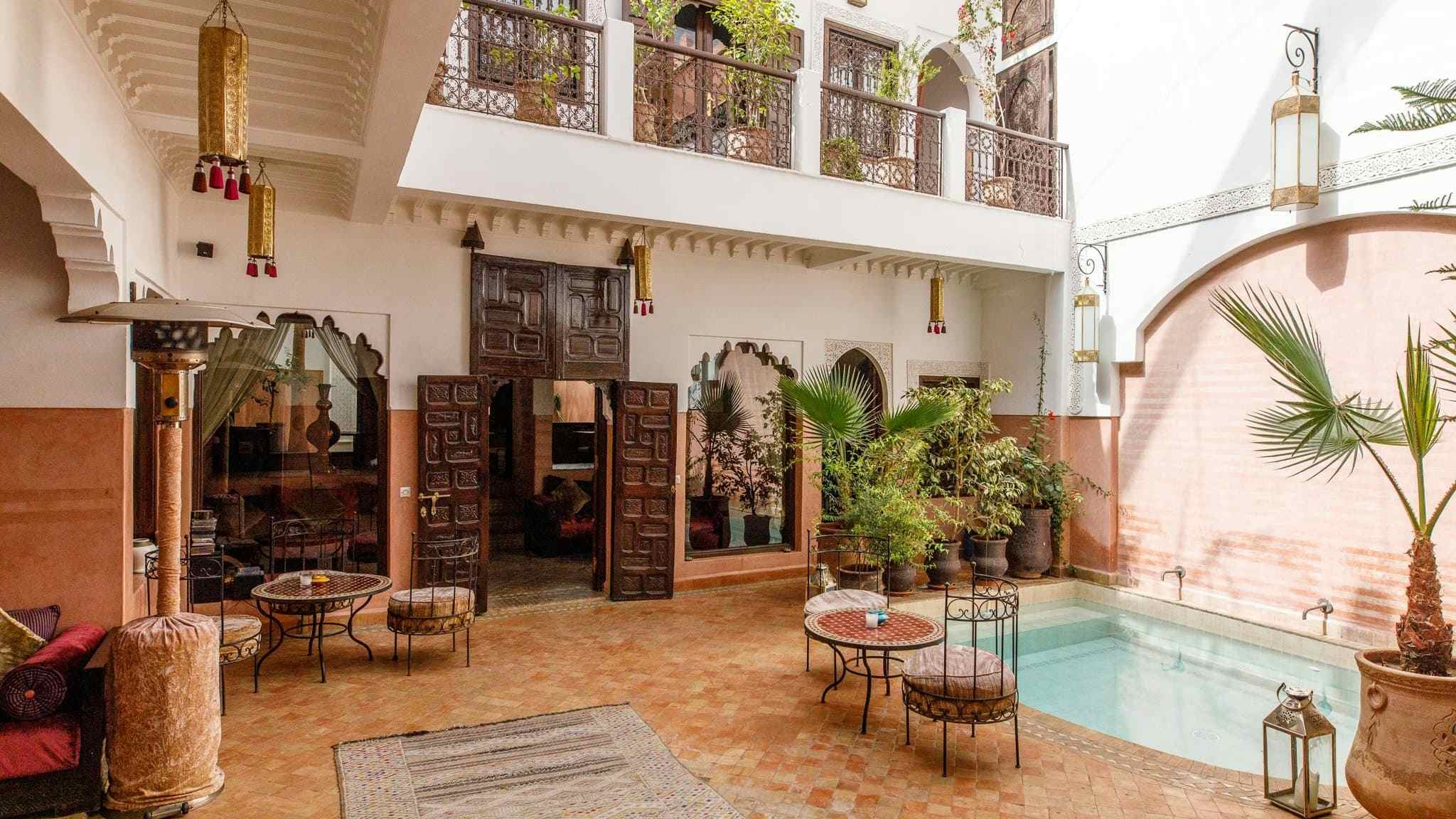 The inside of a beautiful riad in Marrakesh, Morocco. 