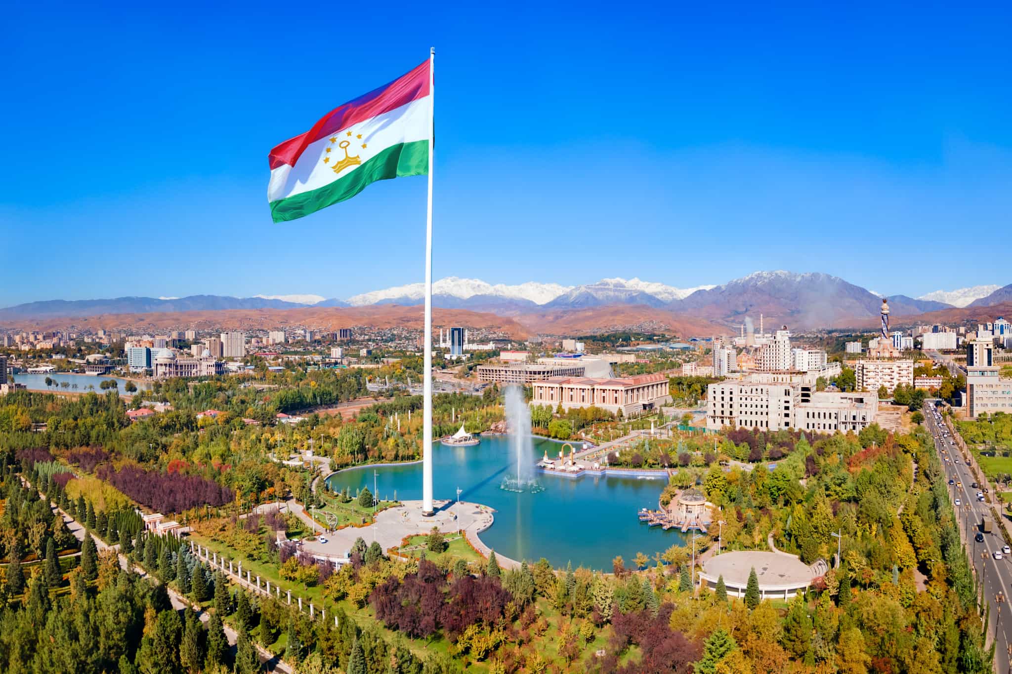 Tajikistan flag flying above Dushanbe's main square
