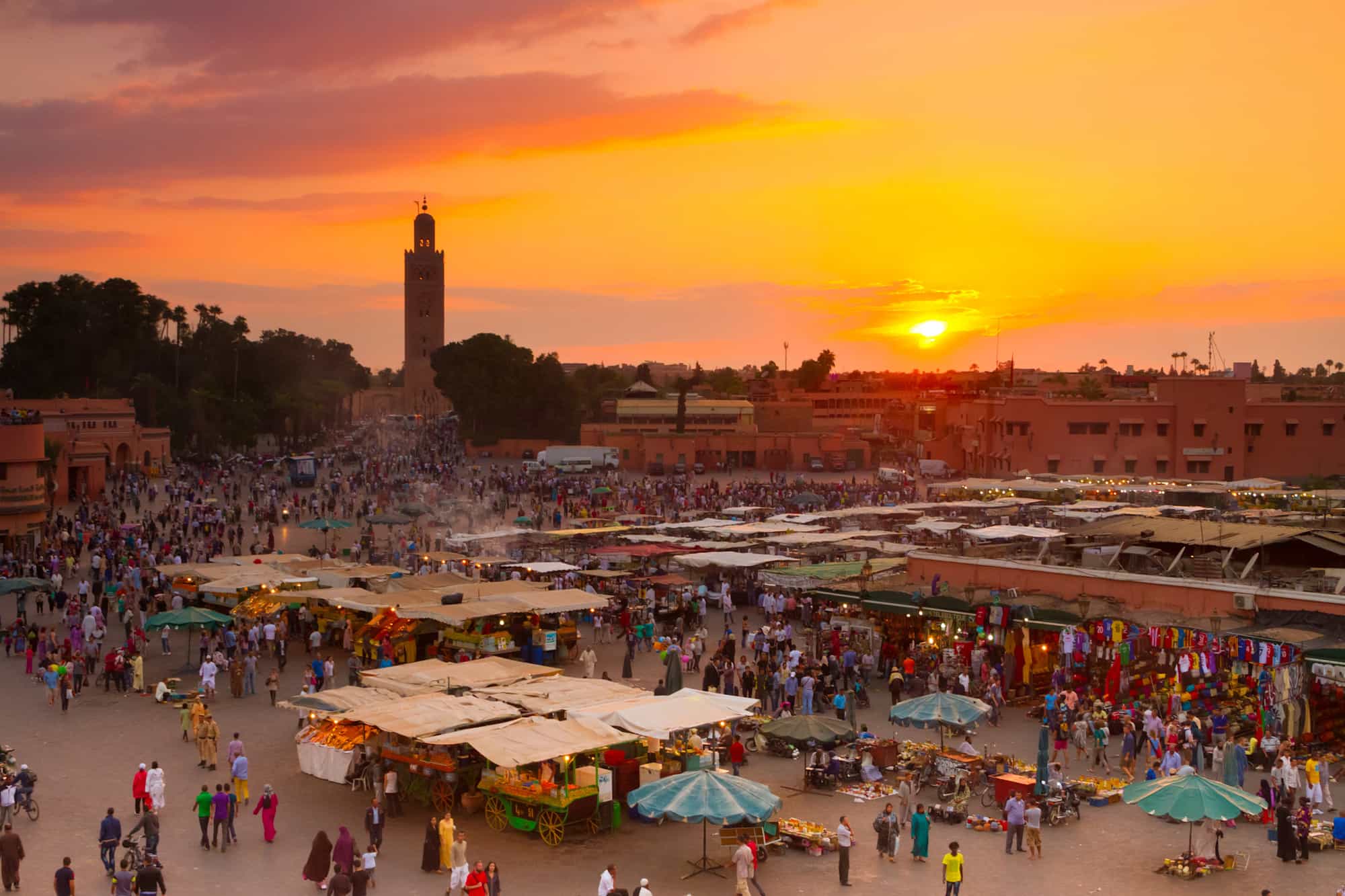 A beautiful sunset overlooking Jamaa el Fna, Marrakesh, Morocco