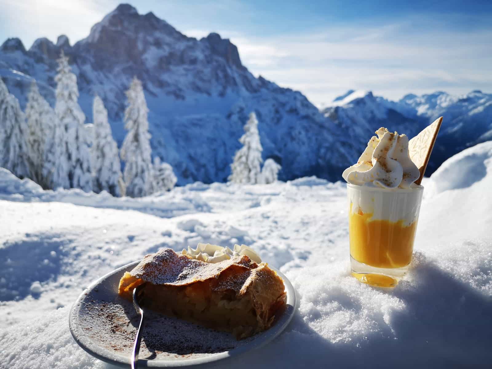 Typical snack at Ristoro Belvedere, Dolomites, Italy.