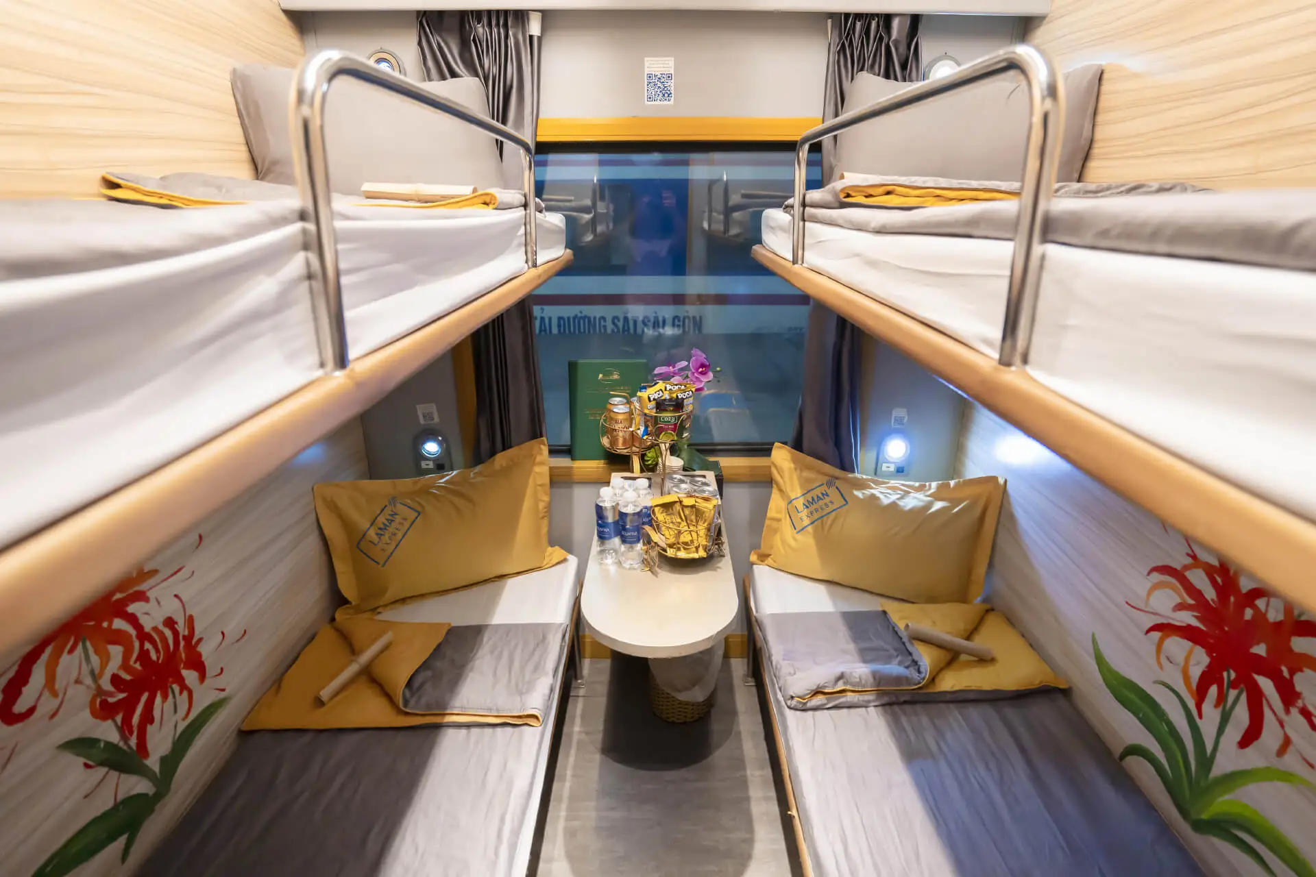 A four berth cabin on a sleeper train in Vietnam