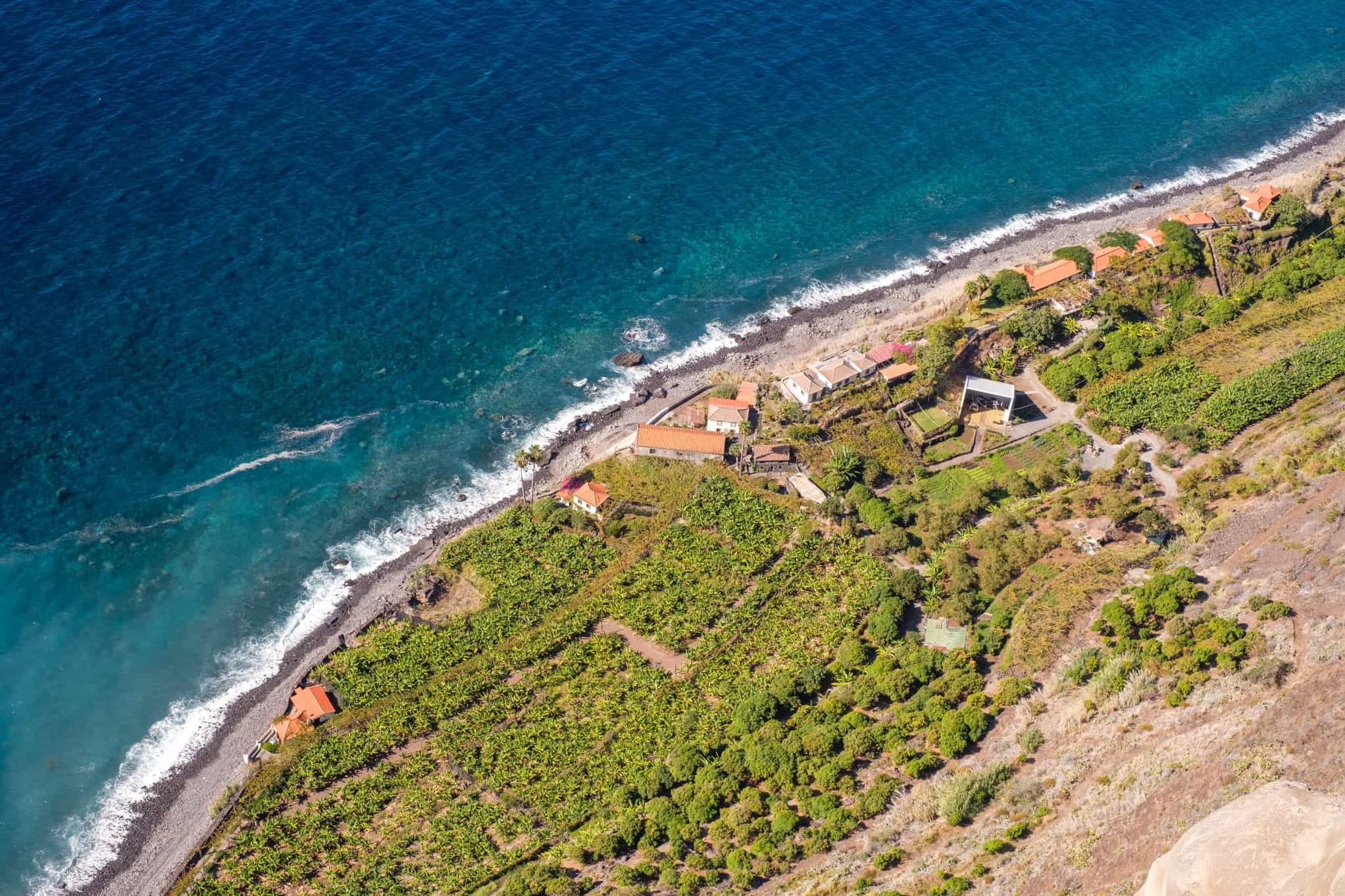 Aerial view of the coast at Faja dos Padres, Madeira