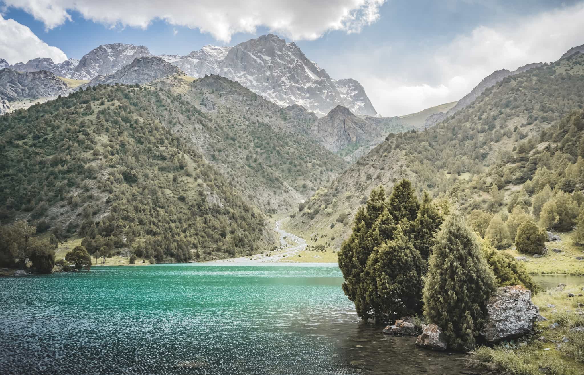 View of Chukurak Lake with Fann Mountains in the background