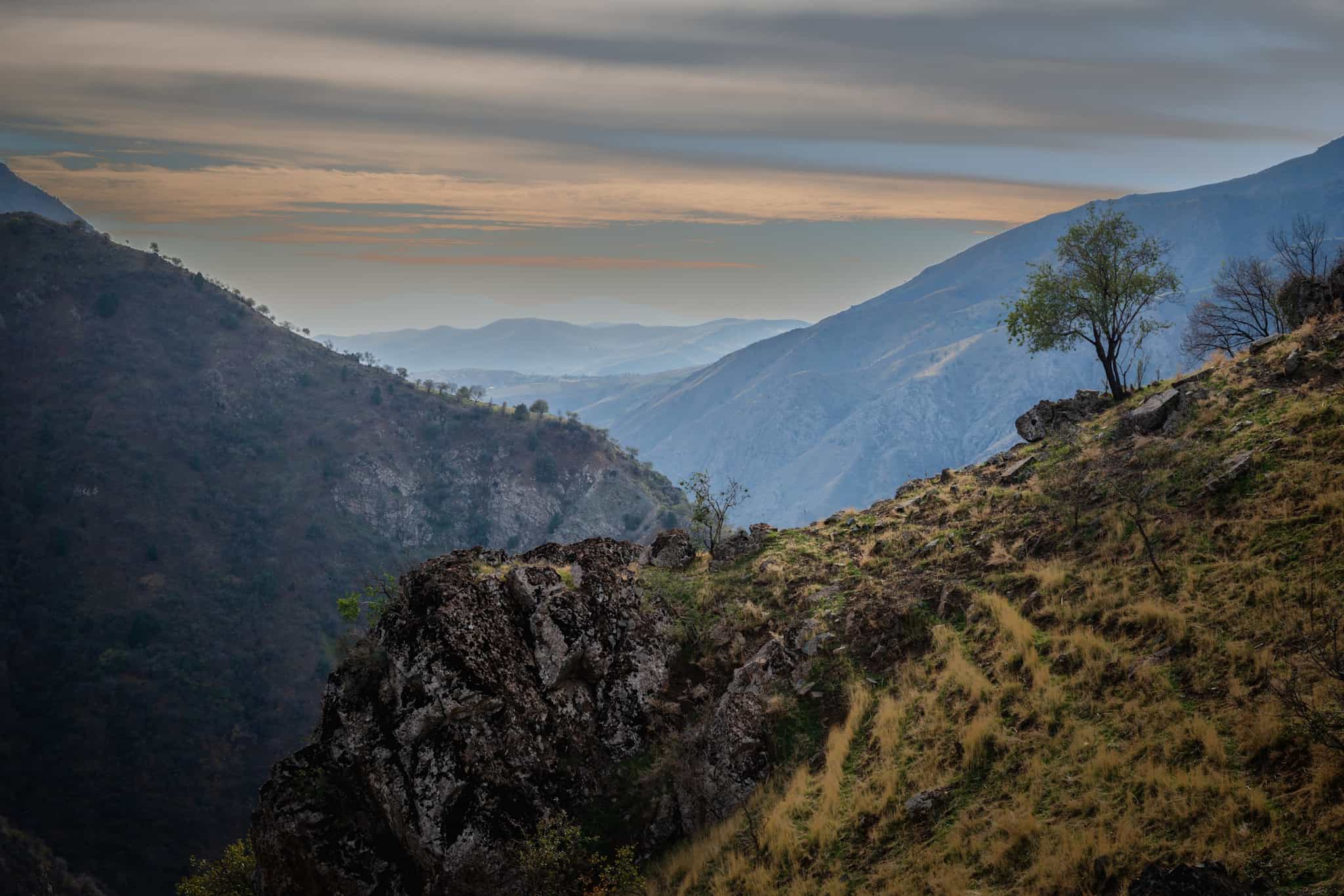 Sunset view over the Varzob Valley in Tajikistan