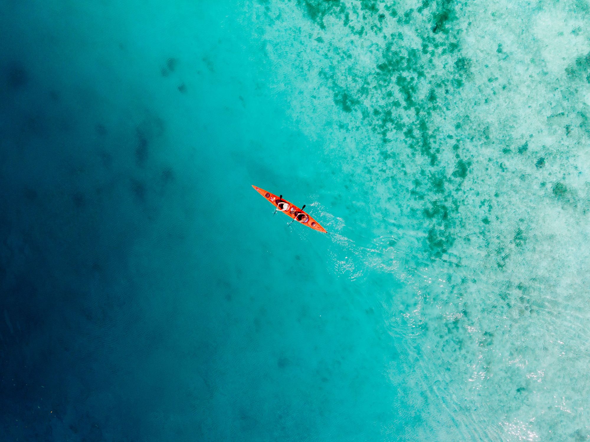 An aerial view of a kayak surrounded by turquoise sea, in Indonesia. Photo: Wicked Adventures