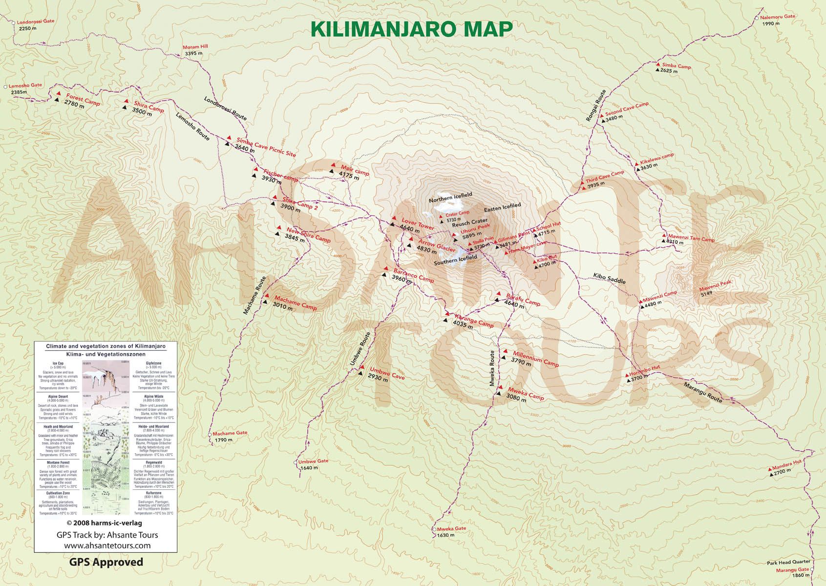 The Kilimanjaro routes, mapped. Map: Ahsante Tours
