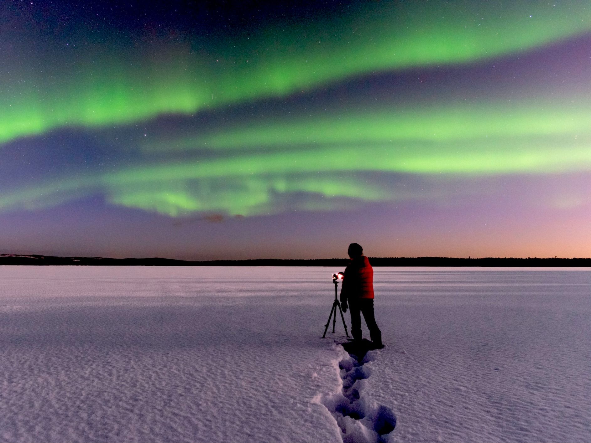 A man takes photos of the northern lights. Photo: Getty.