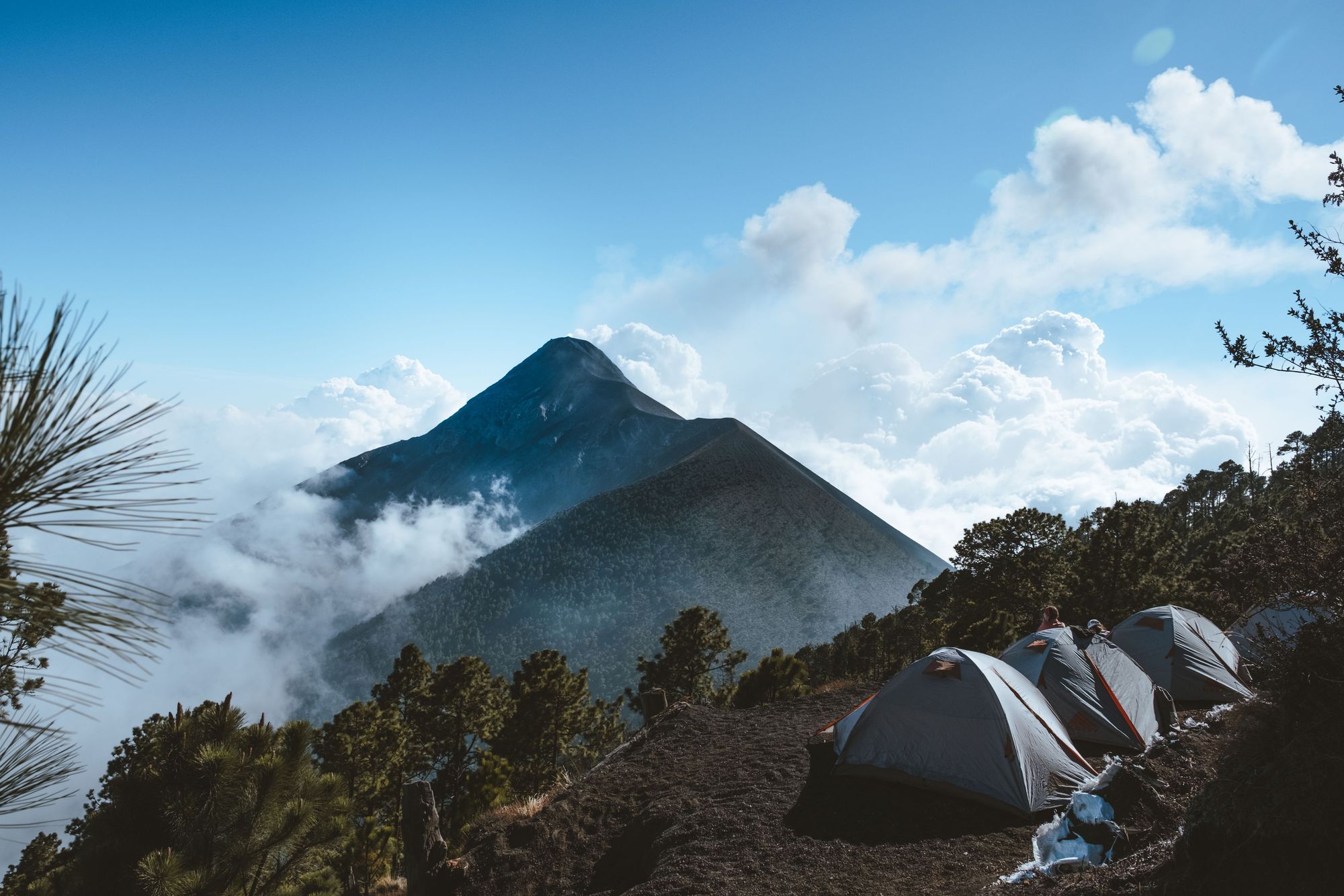 The campsite at Acatenango, with views of Fuego. Photo: Old Town Outfitters.