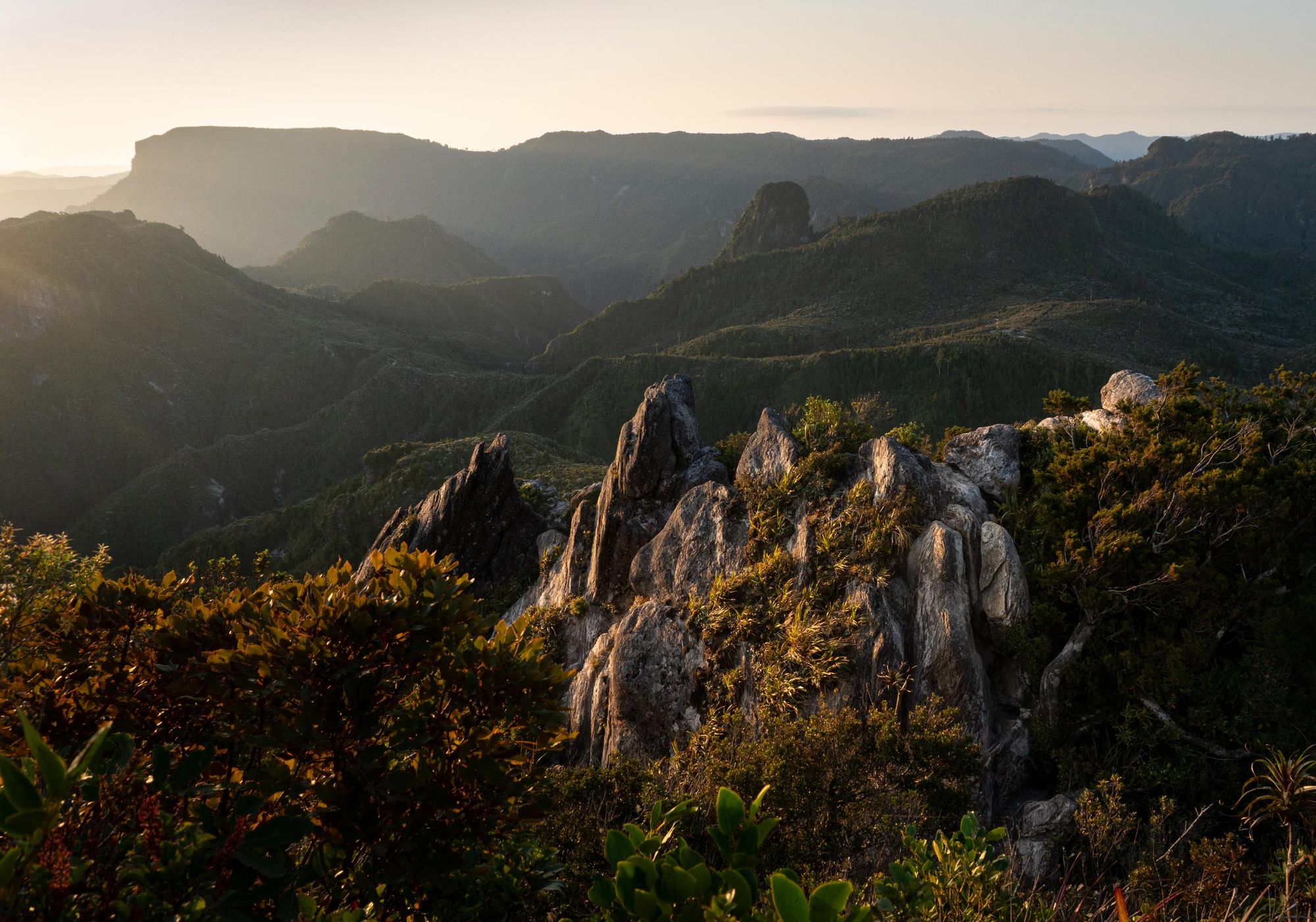 Setting sun lit up the valleys of the Pinnacles, Coromandel, New Zealand. Photo: Getty