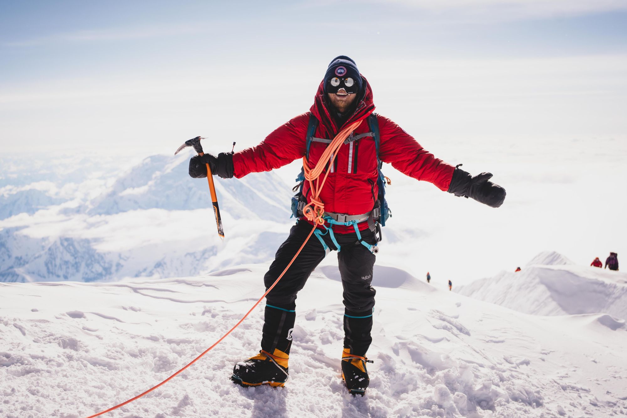 Oli France on the summit of Denali, the highest point in North America. Photo: Aaron Rolph