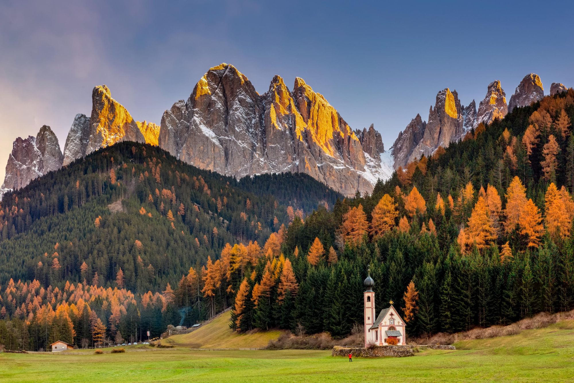 The Dolomites, backdropping a remarkable Autumnal landscape in Italy. Photo: Getty