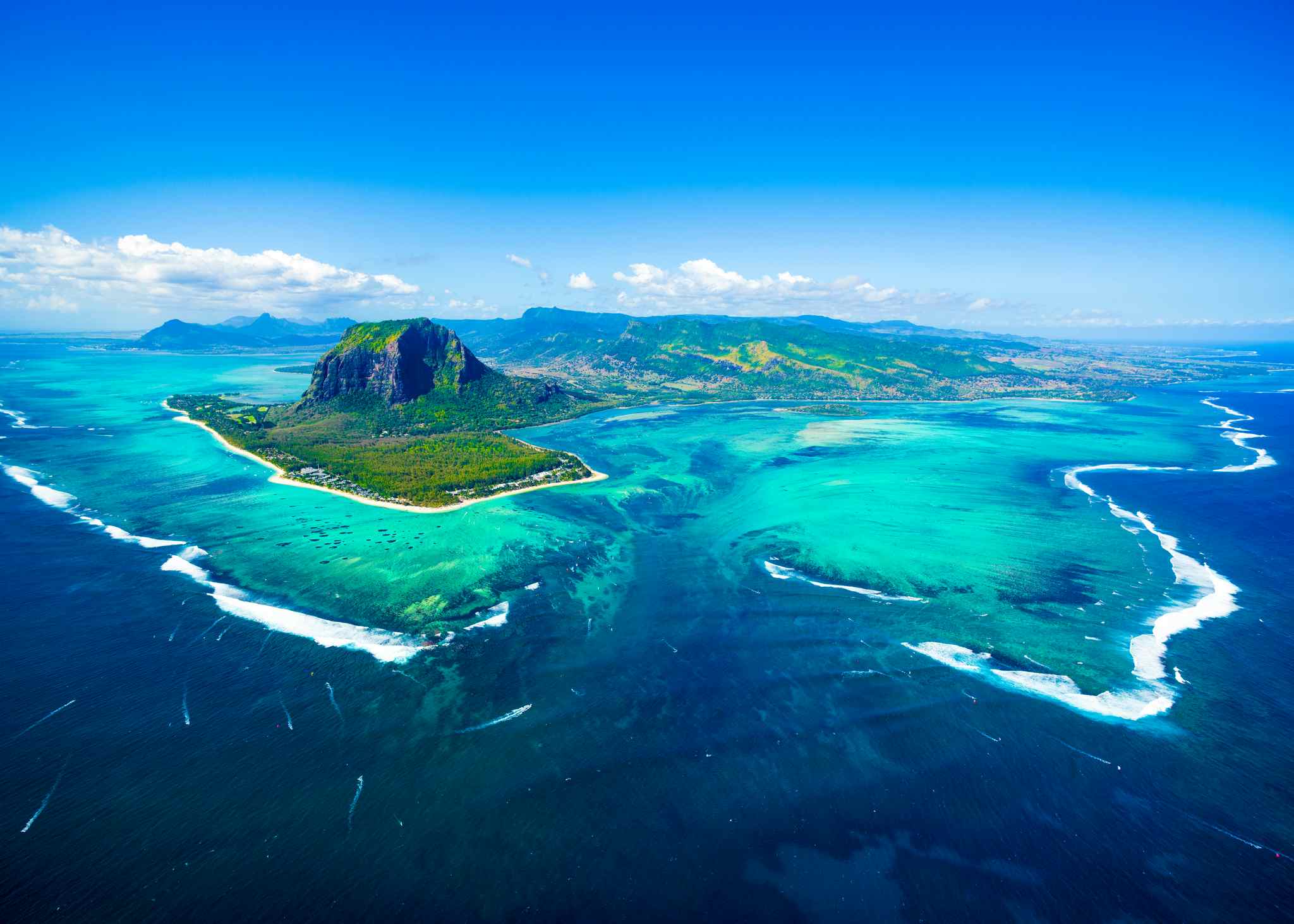 An aerial view of Mauritius, including Le Morne Brabant. Photo: Getty.